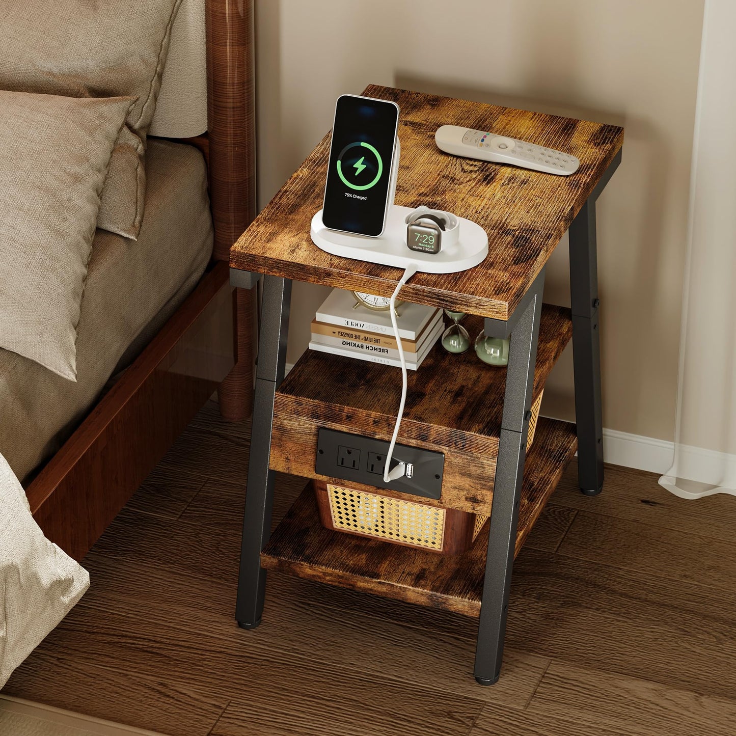 End Table with Charging Station, Small Side Tables with Lucky 7 Metal Shape, 3-Tier Nightstand with Outlets and USB Ports, Adjustable Leveling Feet, side Table for Living Room, Bedroom (Rustic Brown)