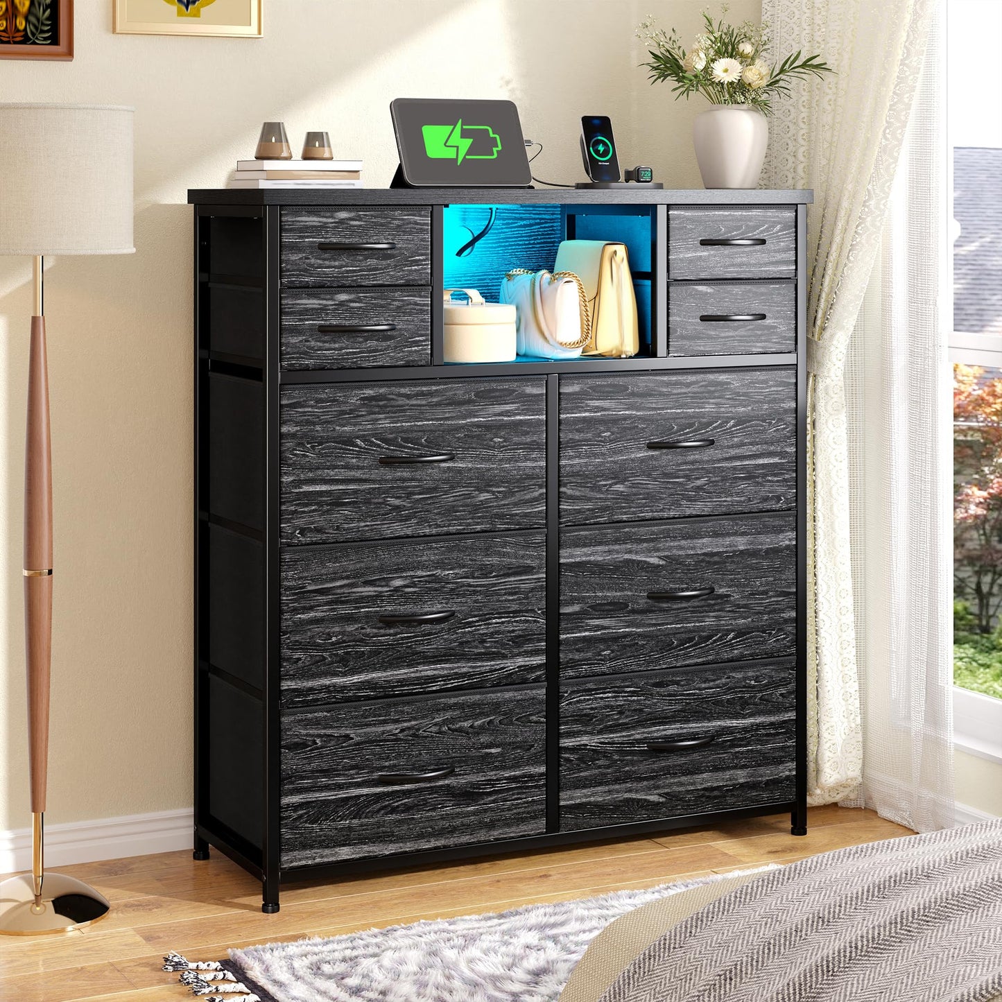 DurayLoly Dresser for Bedroom with Charging Station and LED and 10 Fabric Drawers, Sturdy Bedroom Dresser for Storage, Closet, Hallway (Black)