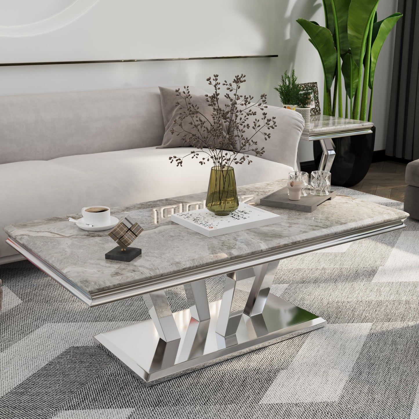 ACEDÉCOR Coffee Table, Silver Coffee Table with Four Geometric Mirror Bases, Rectangular CoffeeTable with Sturdy Metal Frame,48 inches Modern Coffee Table for Living Room, Office, Reception Room