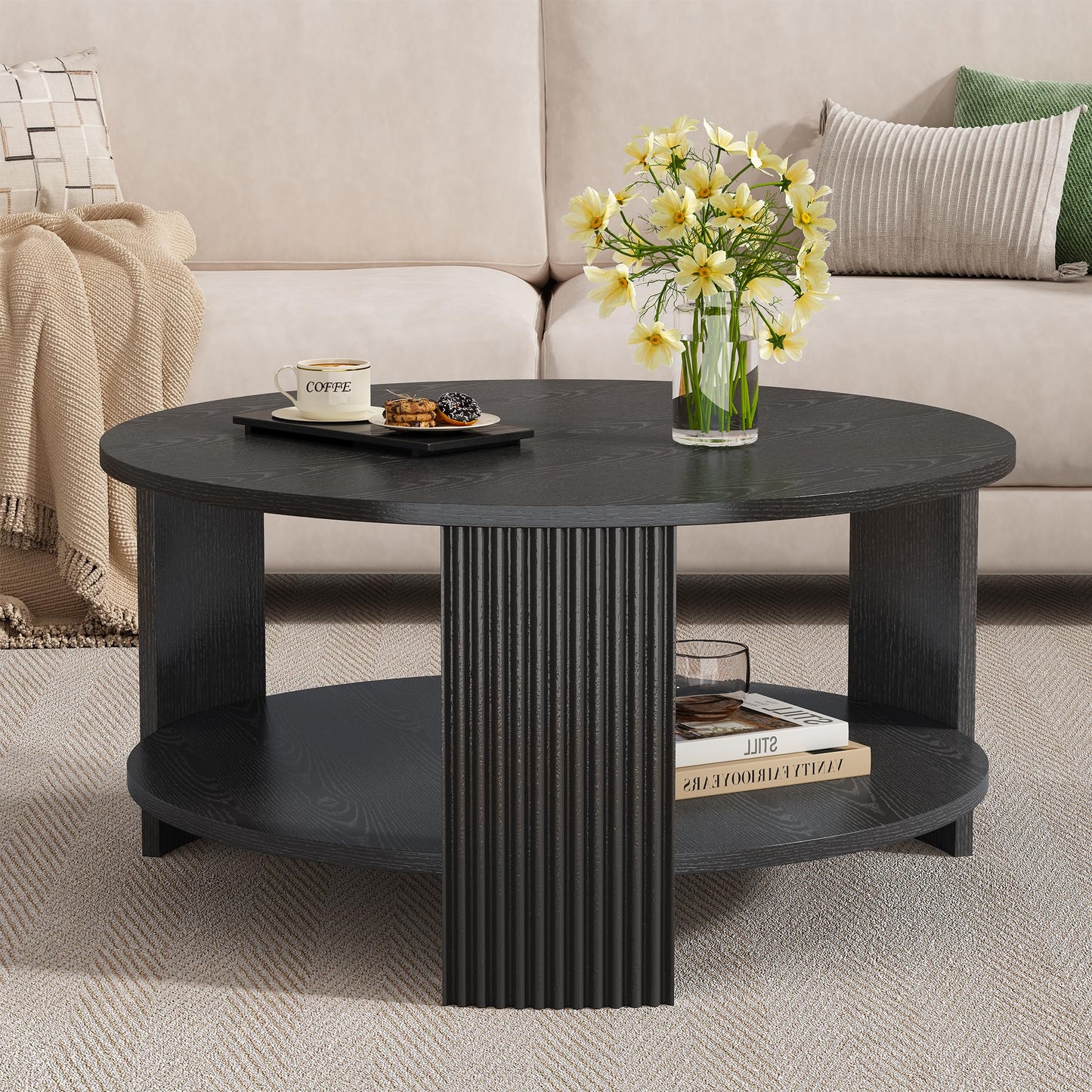 Furniouse Round Coffee Table 31.5''in Modern Coffee Table with Fluted Legs, 2 Tier Circle Wood Coffee Table with Storage for Living Room, Black
