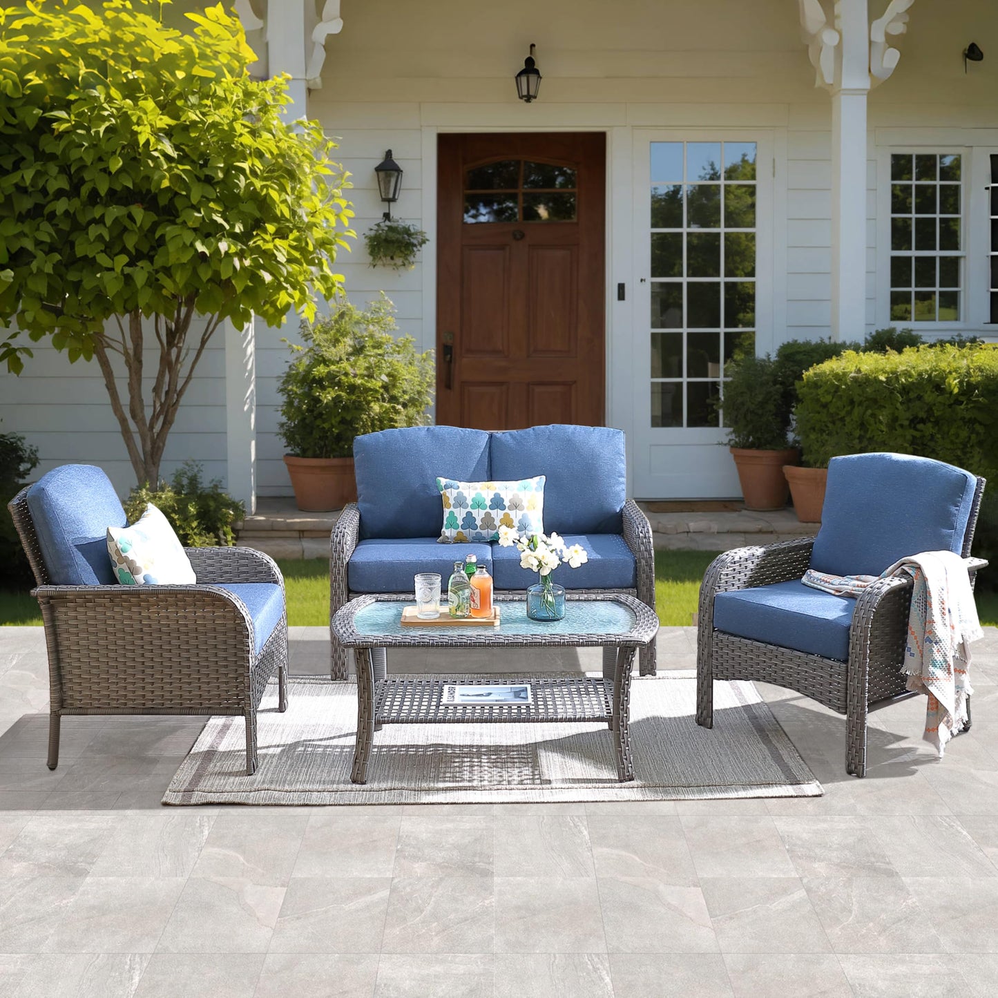 ovios 4 Pieces Patio Furniture Set, Outdoor Wicker Sofa with Coffee Table, Chairs, All Weather High Back Rattan Loveseat Couch with Comfy Cushions, Denim Blue