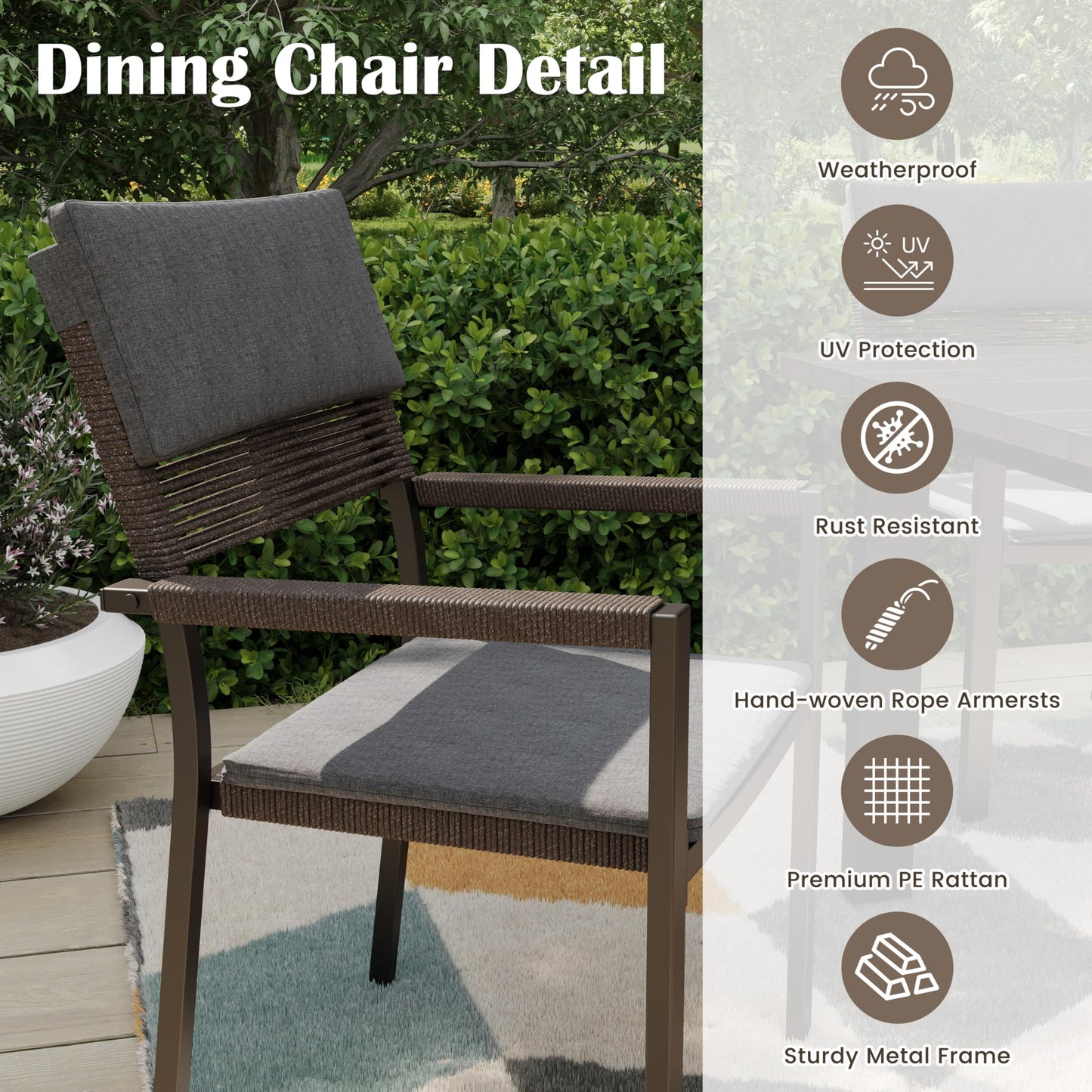 Sundale Outdoor Metal Dining Set for 6, 6-Piece Patio Dining Table and Stackable Rattan Chairs Set with Headrests and Cushions for Backyard, Garden, Deck, Dark Gray