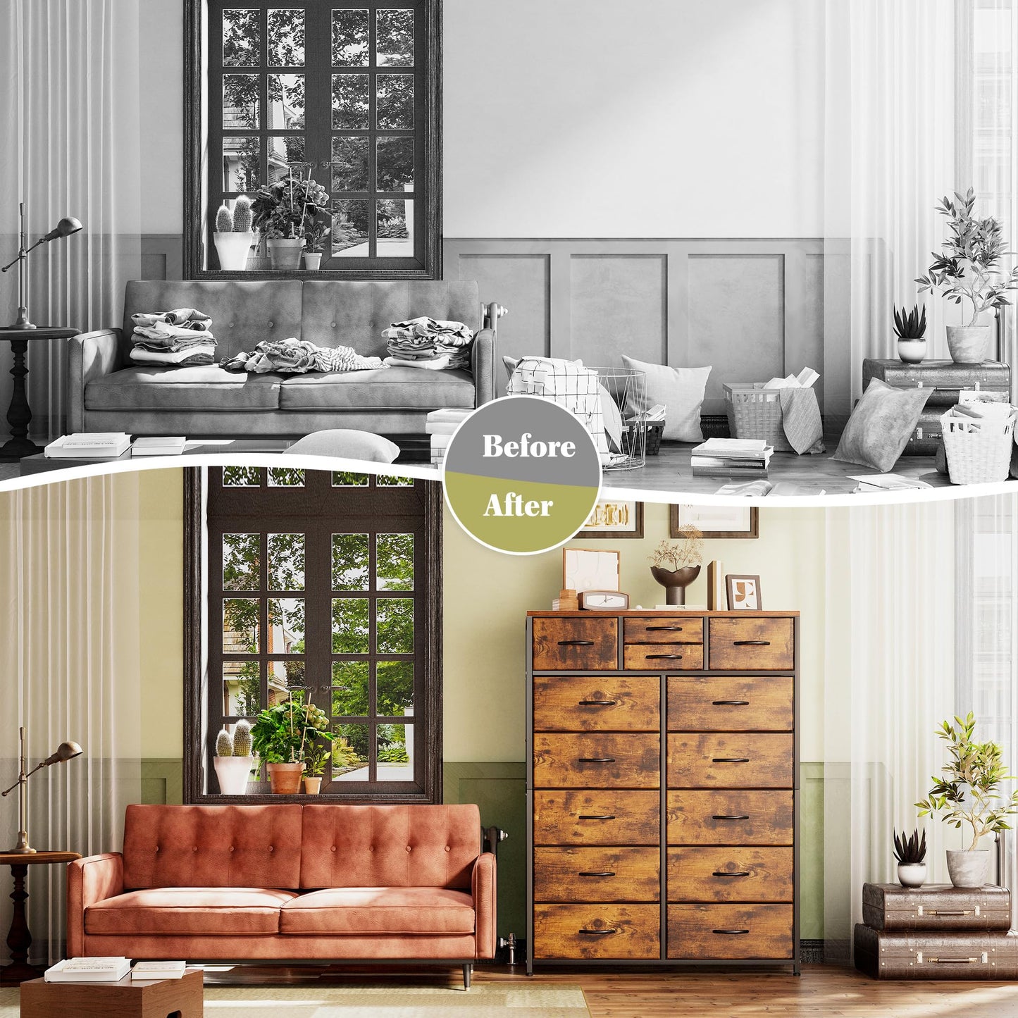 EnHomee 14 Drawer Dresser, Tall Dressers for Bedroom, Large Bedroom Dressers & Chests of Drawers, Sturdy Metal Frame & Wood Top, Easy Assembly, Closet, Living Room, Rustic Brown
