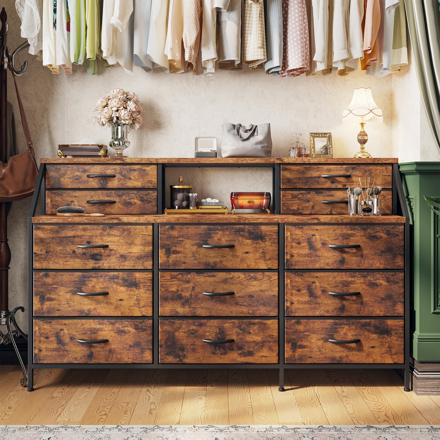 Romorgniz 55" W Dresser for Bedroom, Dressers & Chests of Drawers with 13 Fabric Drawers and 2 Open Shelves, Long Vanity Dressers for Bedroom & Closet, Rustic Brown, 55.1" W x 35.4" H x 11.4" D