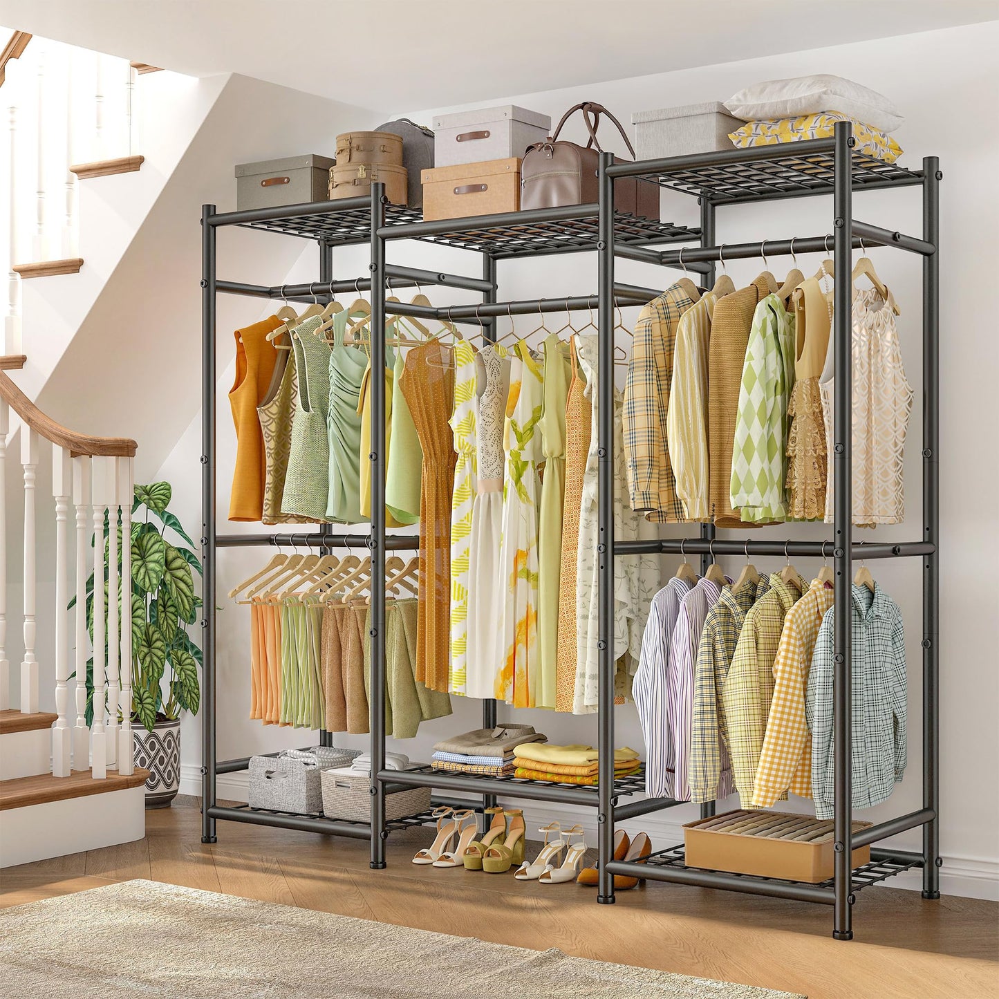 Raybee Clothes Rack Heavy Duty Clothing Racks for Hanging Clothes Metal Portable Closet for Bedroom Adjustable 66.5" Wx15.75 Dx74.8 H Black