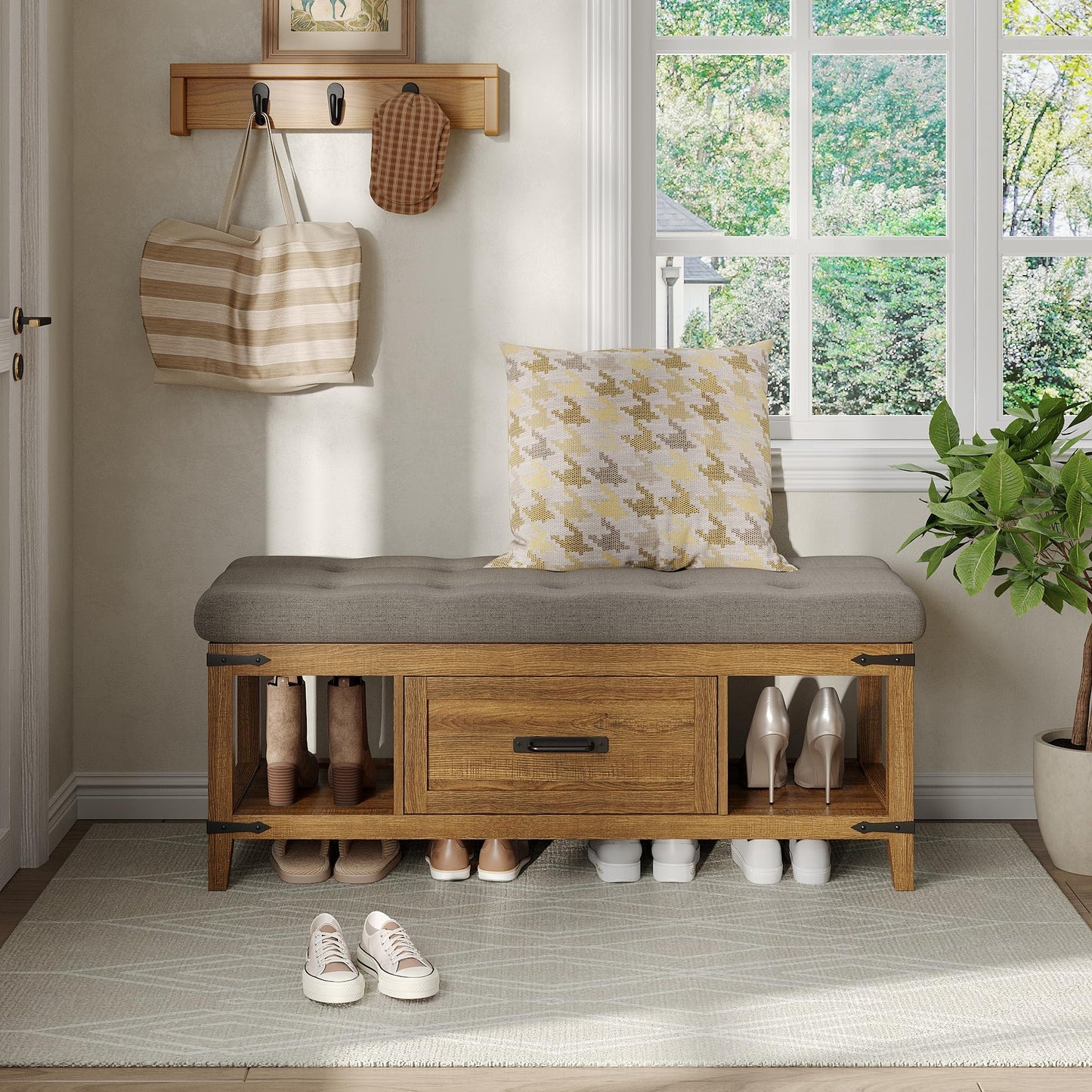 Maupvit Entryway Bench with Shoe Storage, Shoe Rack with Cushion for Living Room, End of Bed Bench for Bedroom, 15.7" D x 43.3" W x 18.1" H