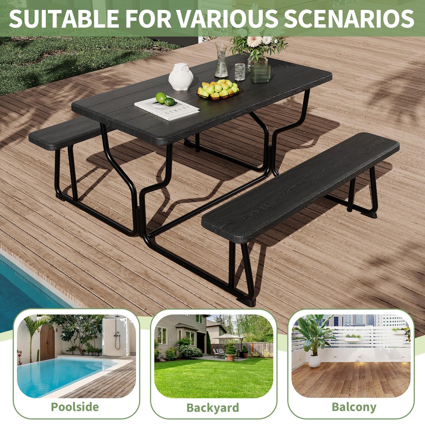 Outdoor Picnic Table with Benches, Portable Heavy Duty Wood-Like All Weather Picnic Table Set, Large Metal Picnic Tables for Outdoors, Backyard, Patio, Lawn, Garden (Black)