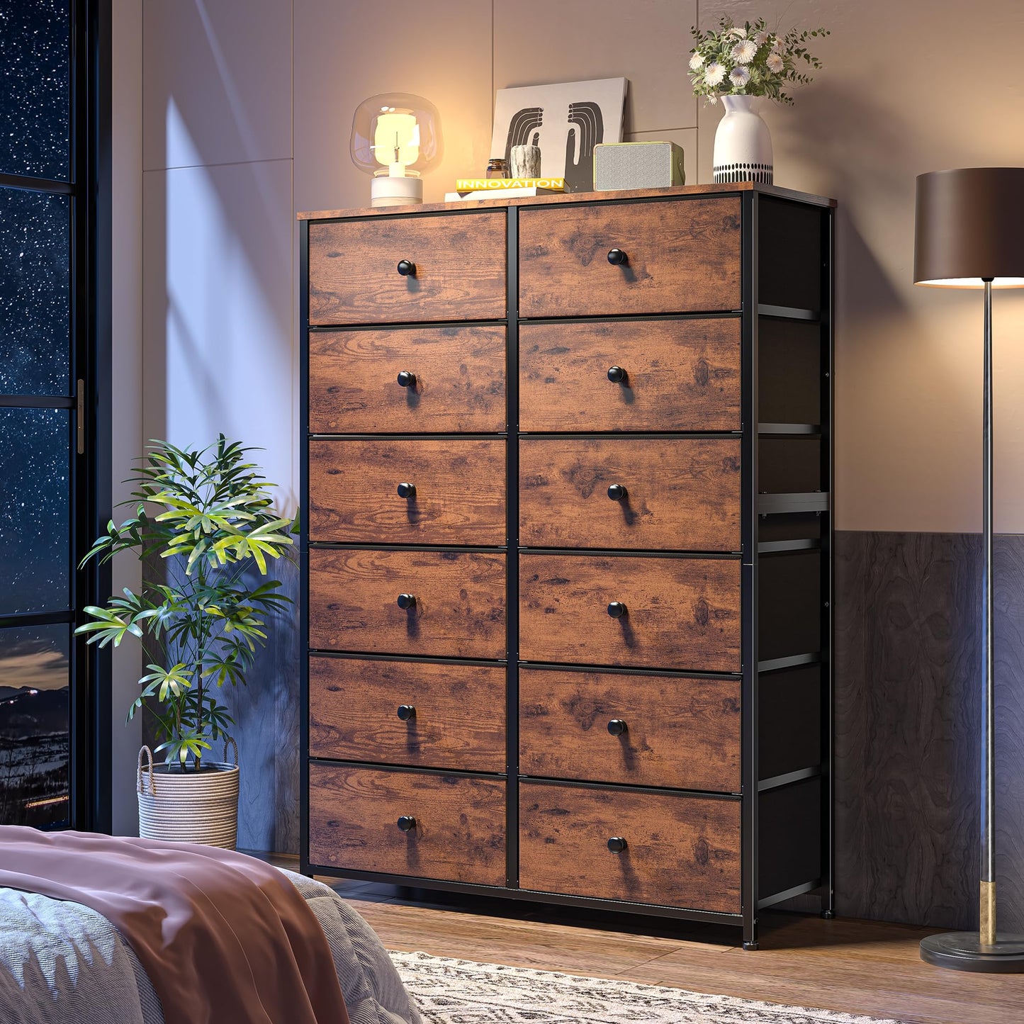Romorgniz 12 Drawers Dresser for Bedroom, 52.2''H Tall Dresser for Closet, Dressers & Chests of Drawers with Wooden Tabletop, Metal Frame, Dressers for Bedroom, Hallway,Closet, Rustic Brown