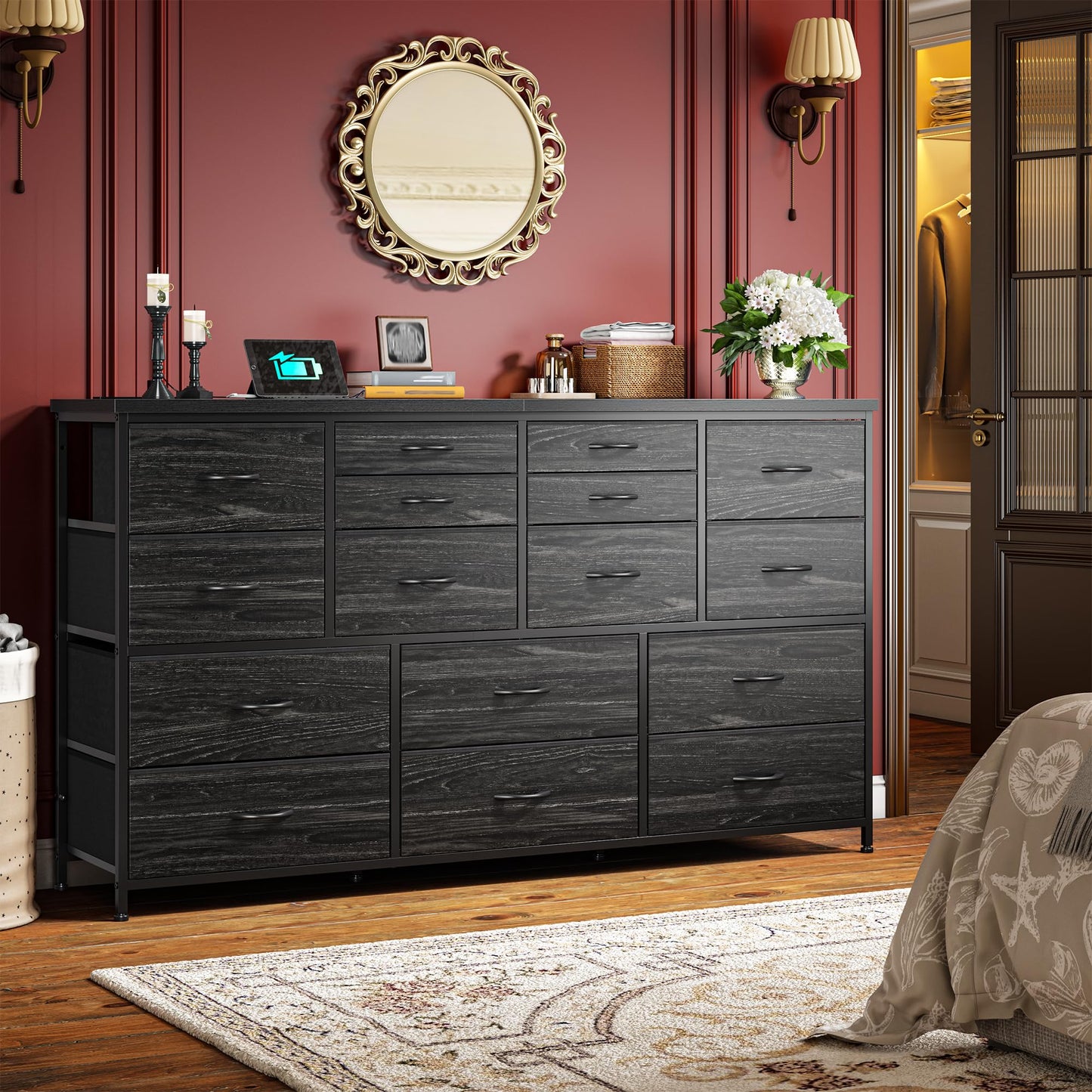 Romorgniz Dresser for Bedroom with 16 Fabric Drawers Long Dresser with Charging Station TV Stand for 60" TV Dressers & Chest of Drawers for Bedroom, Living Room, Closet, Black
