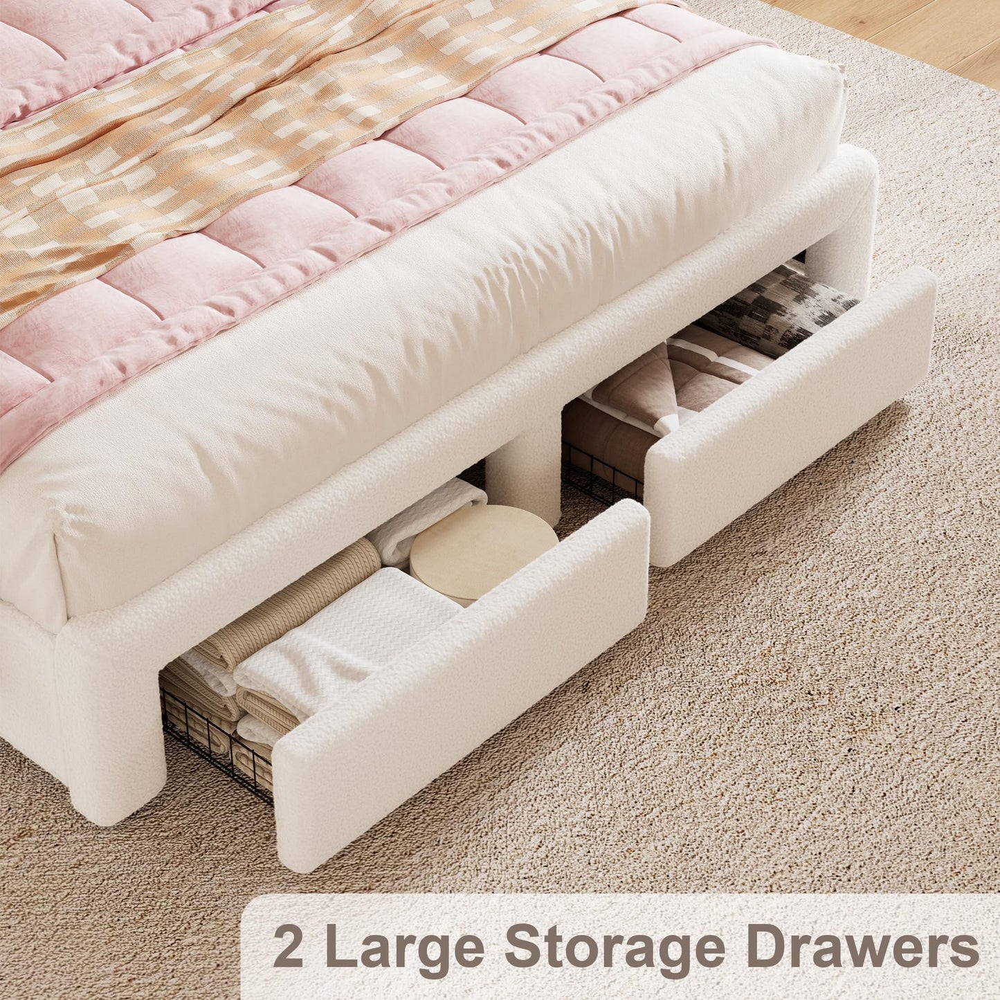 VINTLJUS Full LED Bed Frame with Storage Headboard & Charging Station, Kids Bed Frames with Bookcase, Teddy Fleece Upholstered Platform Bed Frames with 2 Storage Drawers, Noise Freed, Beige