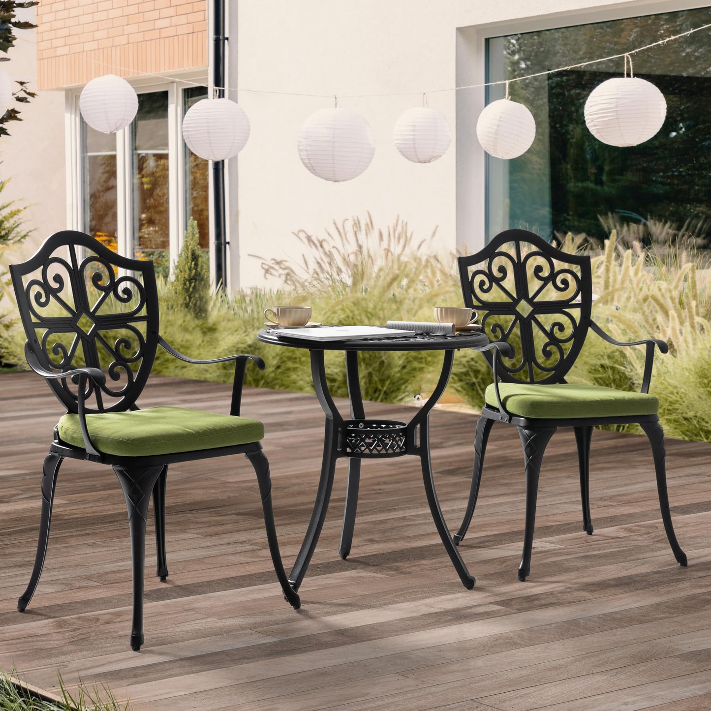 NUU GARDEN Outdoor 3-Piece Bistro Set with Cushions, Round 24 Inch Cast Aluminum Bistro Table with 2.17" Umbrella Hole, 2 Cast Aluminum Bistro Chairs, for Patio, Garden, Backyard and Balcony, Black