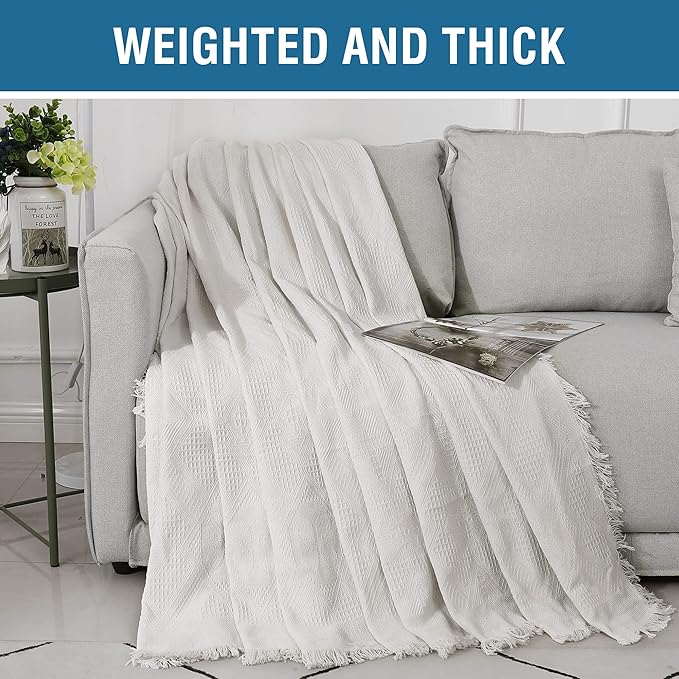 H.VERSAILTEX Cotton Sofa Covers Couch Cover Sofa Slipcover for Most Shape Sofas, Feature Thick Woven Jacquard Seamless with Tassels, Multi-Use Decorative for Couch (Large: 71" x 102", White)