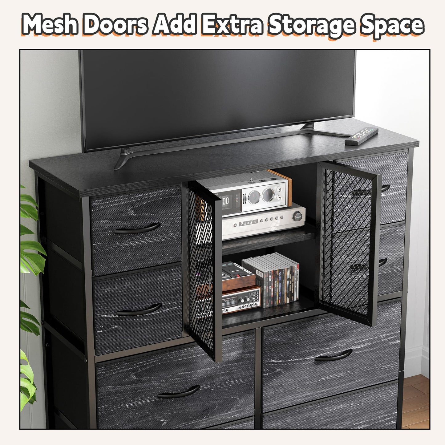 Dresser for Bedroom with Mesh Door Black Dressers & Chests of Drawers Tall Dresser with 10 Fabric Drawers, Metal Frame, Wood Top, for Closet, Entryway, 48.1" Hx38 Wx11.81 D