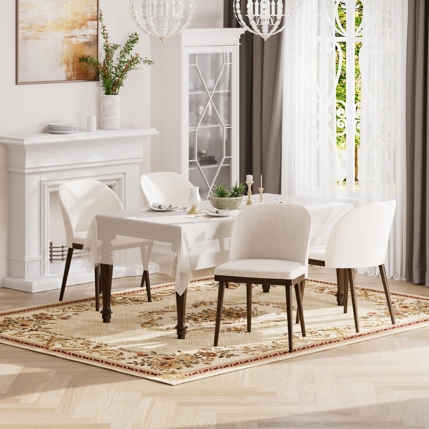 Homixis Upholstered Dining Chairs Set of 4 - Line Fabric Modern Dining Room Chairs, Mid-Back Restaurant Kitchen Chairs with Wooden Legs