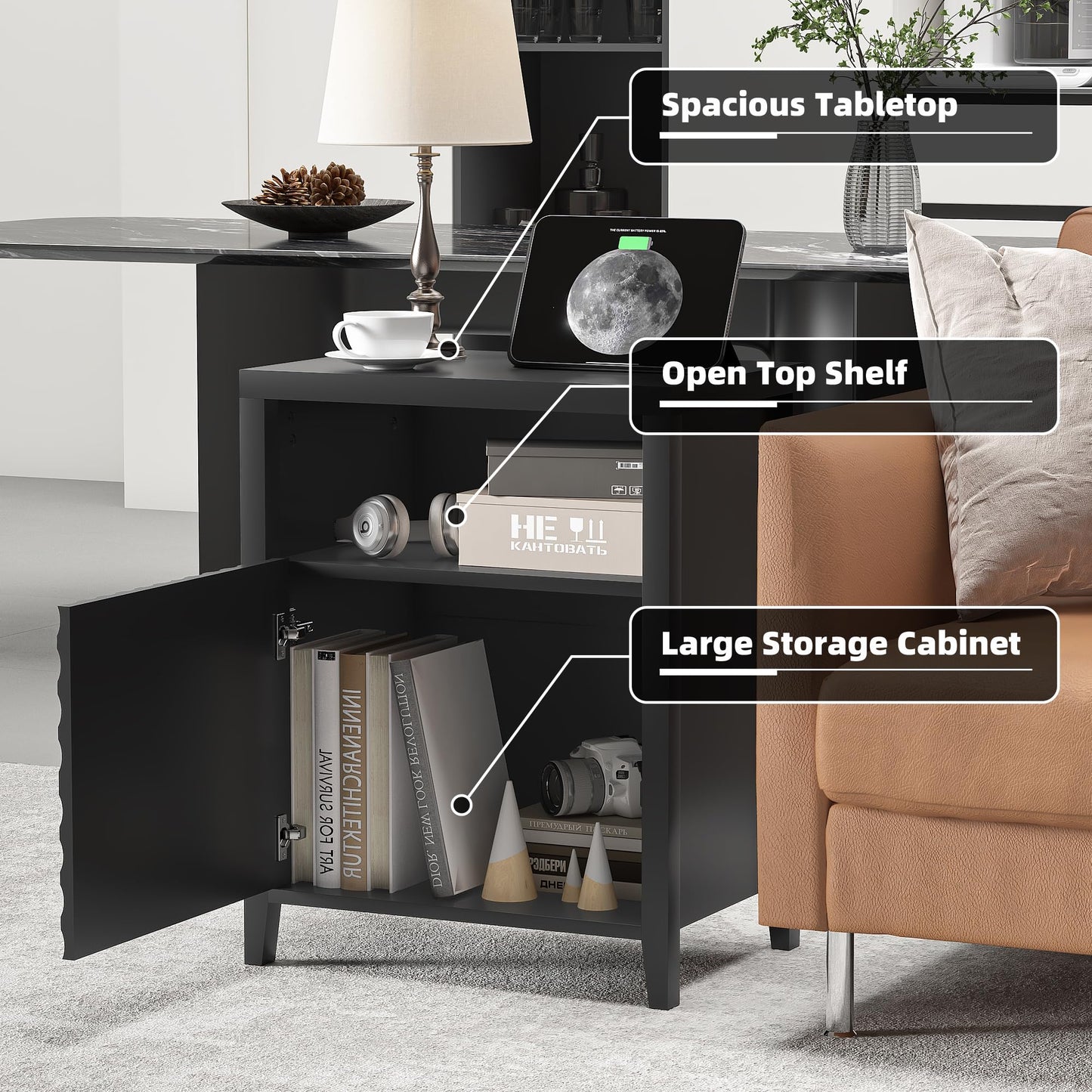 Modern Nightstands with Charging Station, Set of 2, 19.68" Bedside Tables with Drawer and Open Shelf, End Tables with USB Ports and Outlets for Bedroom