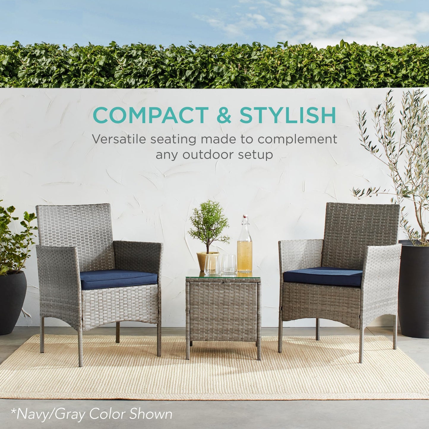 Best Choice Products 3-Piece Outdoor Wicker Conversation Bistro Set, Space Saving Patio Furniture for Garden w/Side Table - Taupe/Slate Green