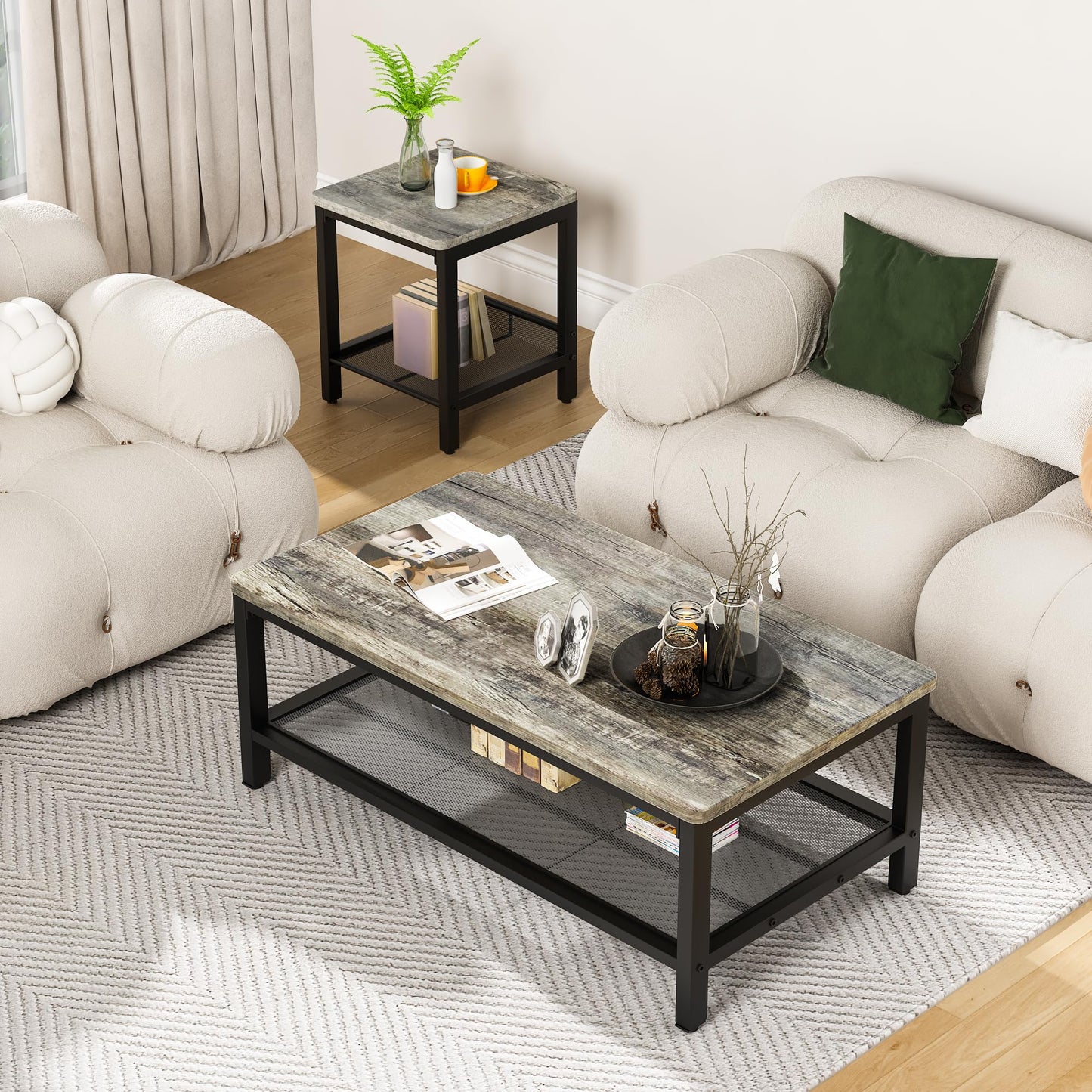 Lamerge 3 Pieces Living Room Table Set, Industrial Coffee Table with 2 Square End Side Tables, Coffee Table Set with Metal Frame for Apartment Home Office (Grey)