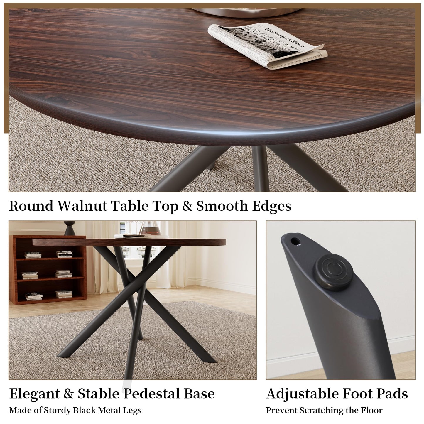 HIPIHOM 45.3 Inch Round Dining Table Set for 4, Mid Century Modern Small Coffee Set for Dining Room Kitchen Apartment (Walnut Table + 4 U-Shaped Brown Chairs)