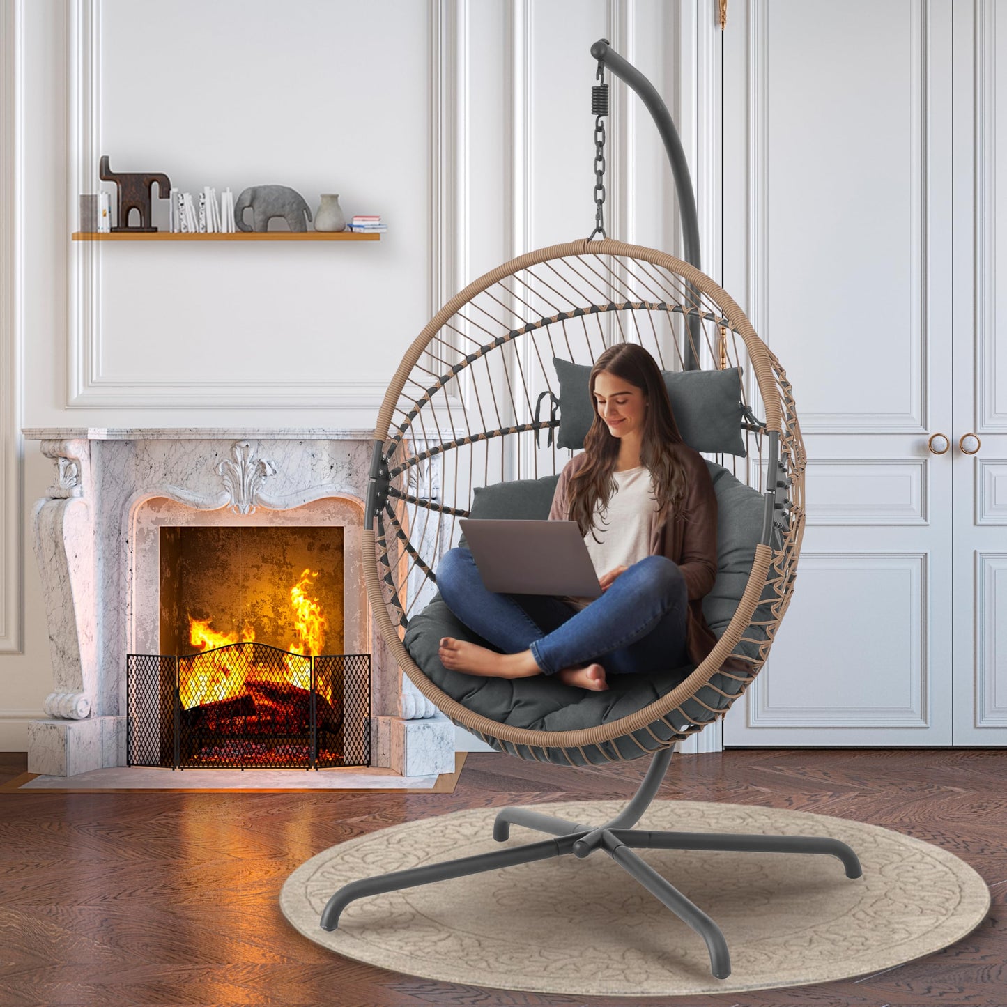 GREEN MORE Oversized Egg Swing Chair with Stand, Hanging Swing Chair, Foldable Hammock Chair with Steel Frame, 350LBS Capacity for Patio Garden Bedroom, Beige