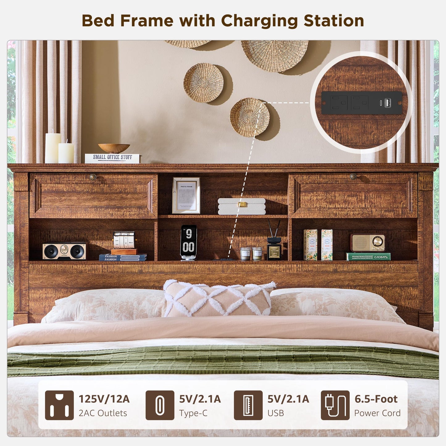 Farmhouse King Size Bed Frame with 54" Tall Headboard, Headboard with 4 Storage Rack, 2 Drawers, Wood Platform Bed Frame,18" Roman Column Decoration Footboard, No Box Spring Needed(Reclaimed Barnwood)