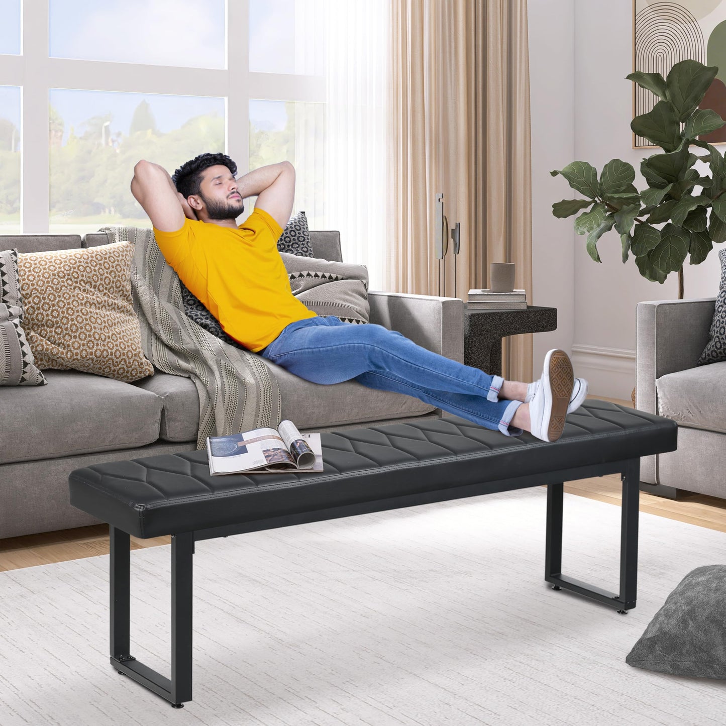STHOUYN 58” Padded Dining Table Bench Pair of 2 for 6-8 Person, Faux Leather Indoor Cushioned Extra Long Bench for Dining Room Table, Bedside Shoe Entryway Benches (Black, 58")