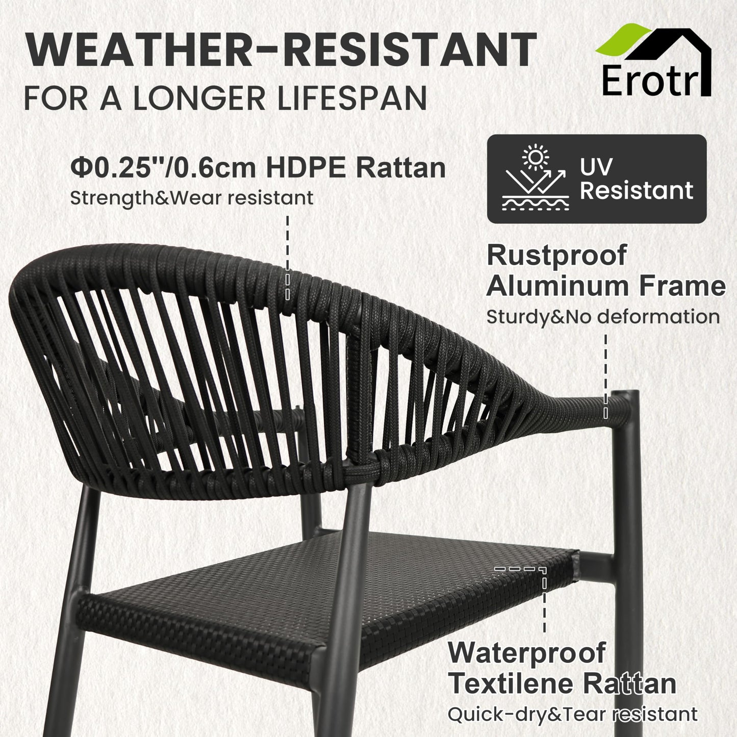 Erotr 4 Pcs Stackable Patio Dining Chairs, Aluminum Rattan Outdoor Dining Chair with Arms, Woven Rope Garden Armchair Metal No Assembly for Bistro Balcony Porch Deck Yard Cafe Restaurant, Black