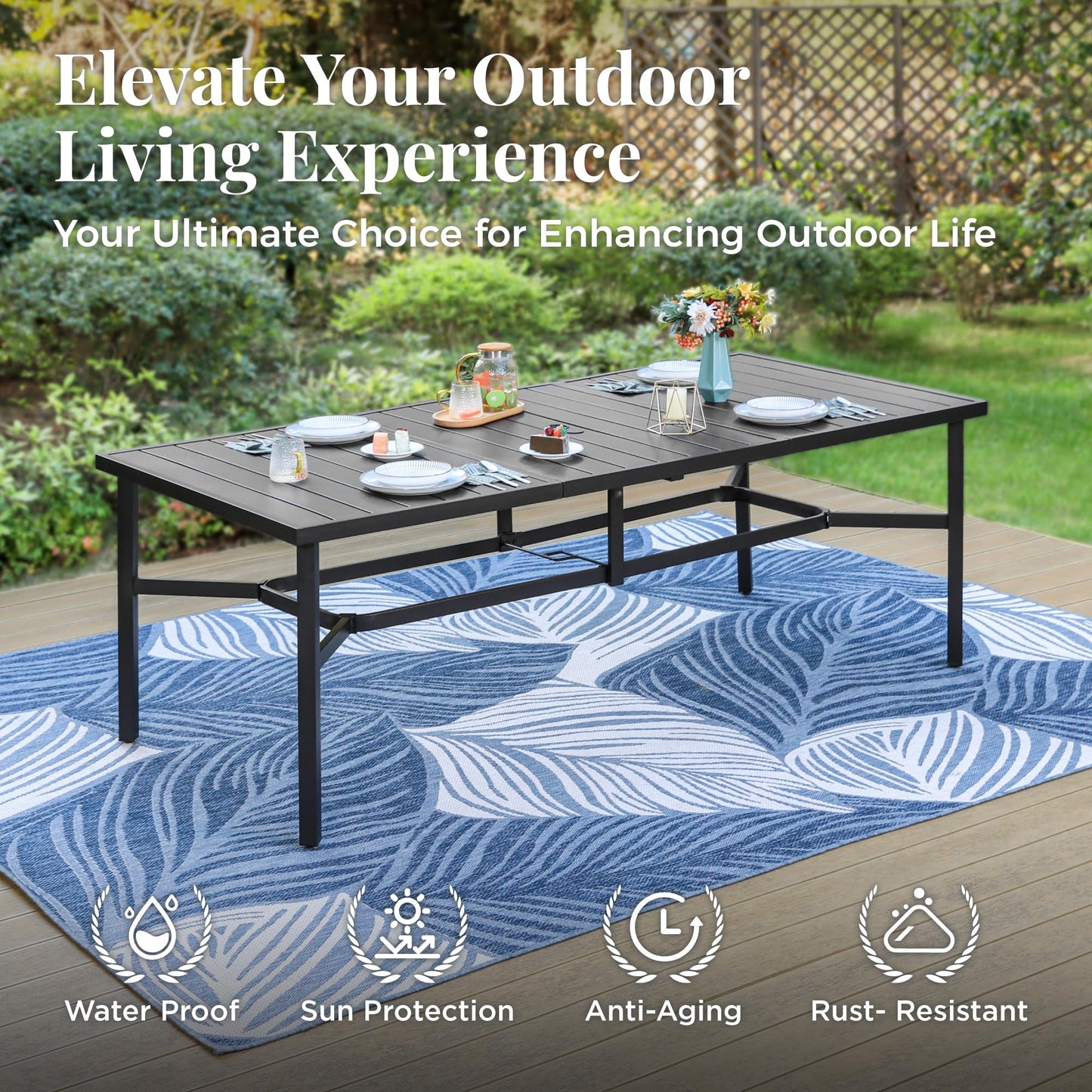 MIXPATIO Outdoor Patio Dining Table for 8, 83" x 39" Rectangular Metal Patio Dining Table with 1.7" Umbrella Hole for Garden, Backyard and Porch