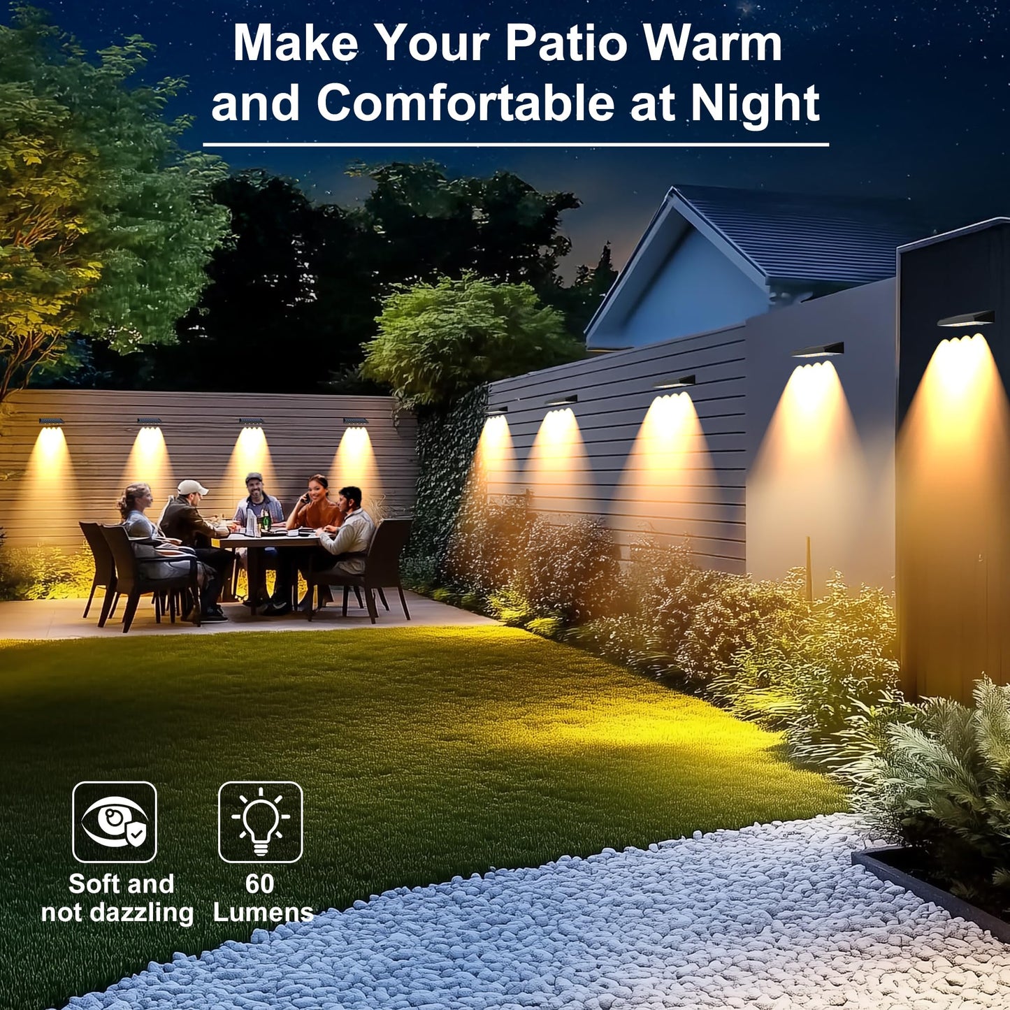 AUDLES Solar Fence Lights Outdoor, 8 Pack Fence Lights Solar Powered with 4 LED, Fence Solar Light Outdoor IP65 Waterproof Deck Light for Backyard, Railing, Patio, Stair, Wall, Step - Warm Lighting
