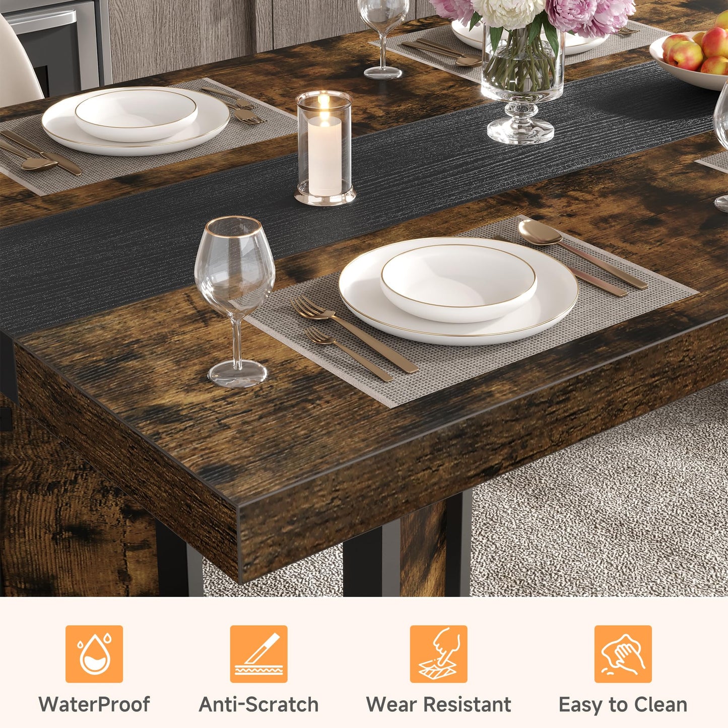 Industrial Dining Table for 6-8 People, 71" Large Long Wooden Kitchen Table with Sturdy Metal Frame & Brown Finish, Rustic Style Rectangular Dinner Table for Dining Room, Kitchen (Vintage Brown)
