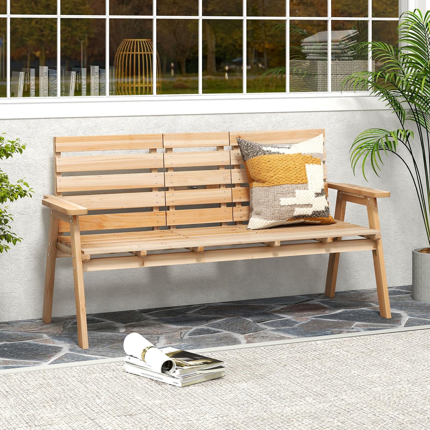 Tangkula Outdoor Fir Wood Bench with Foldable Middle Table, 2-3 Person Garden Bench with Backrest and Armrests, 710 lbs Weight Capacity, Slatted Seat Bench for Porch, Patio, Backyard