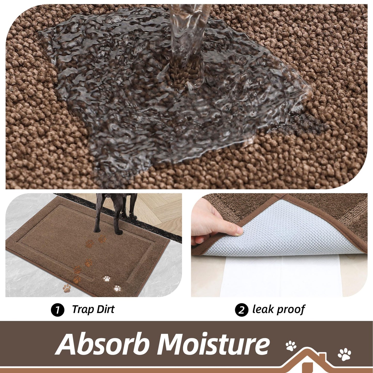 BEQHAUSE Dog Door Mat for Muddy Paws 20"x32" Dirt Trapper Absorbent Doormat Non Slip Entryway Rugs Washable Stain Resistant Welcome Floor Mat Soft Low-Profile for Front Back Door, Brown