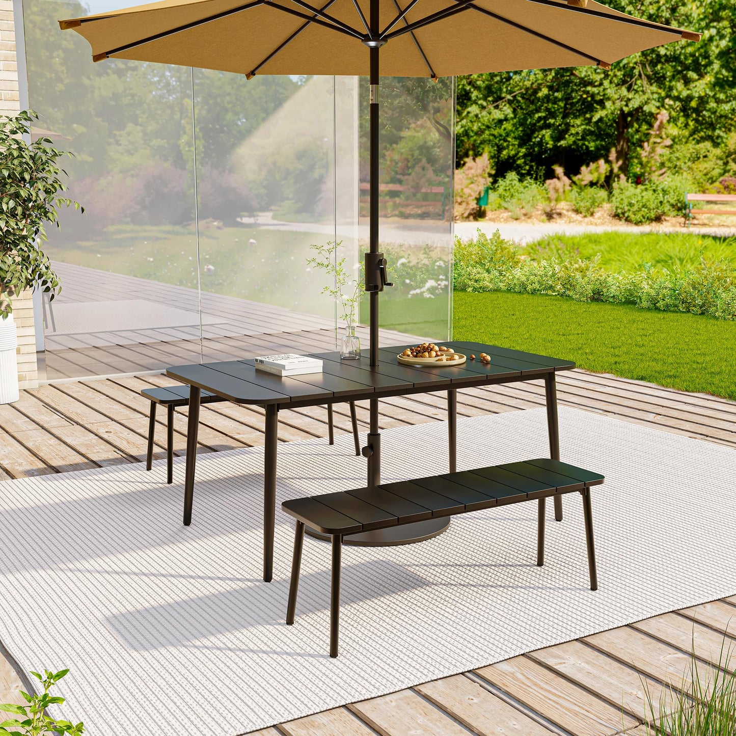 LAUSAINT HOME 3 Pieces Outdoor Patio Dining Set, Outdoor Dining Table and Chairs Set with Metal Table and Umbrella Hole,Patio Furniture Sets for Garden Backyard Deck Balcony with 2 Benches