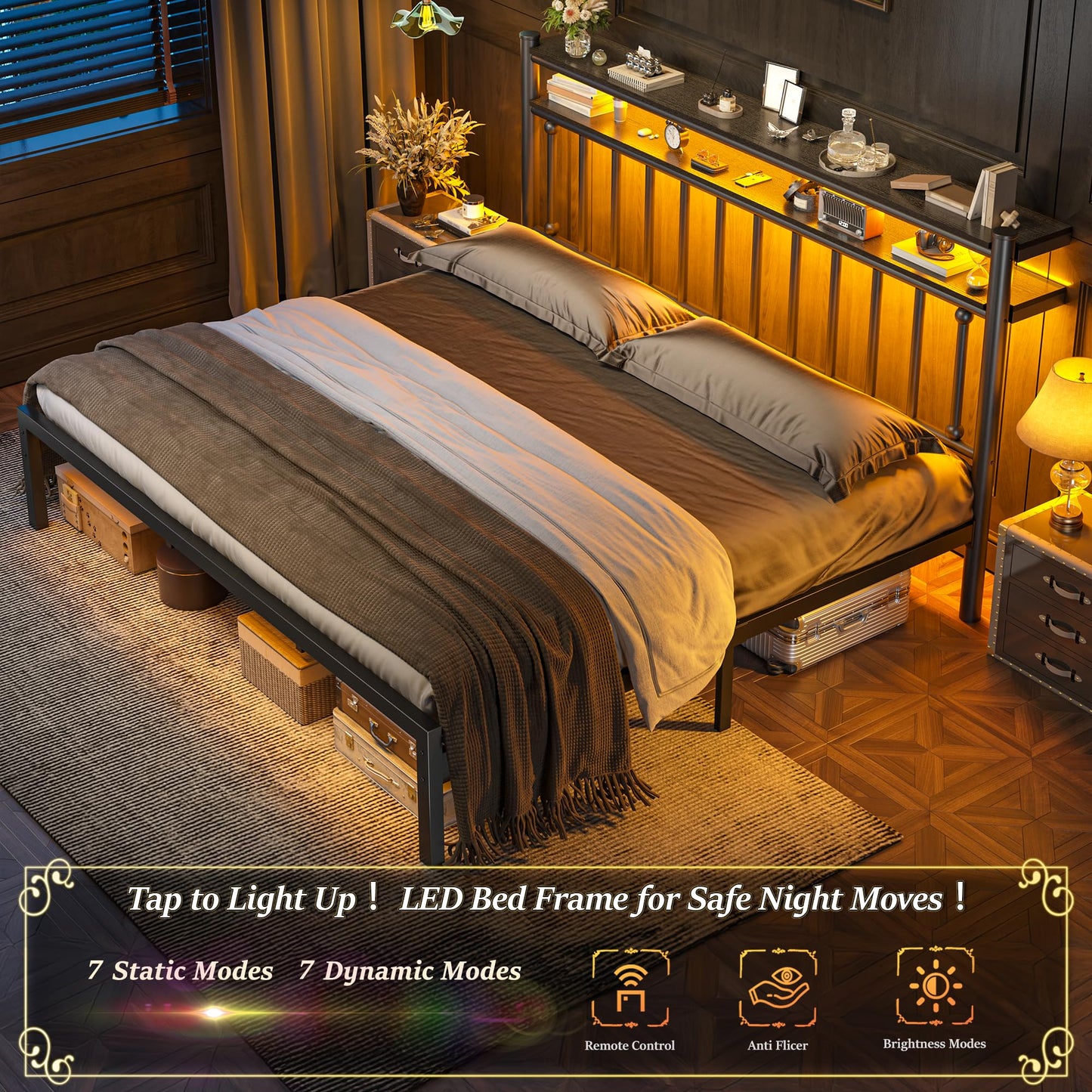 Homkdom Metal King Size Bed Frame and 2-Tier Storage Headboard, Bed Frame King Size with LED Light, Victorian Mattress Foundation Under Bed Storage/No Box Spring Needed/Noise-Free/Easy Assembly, Black