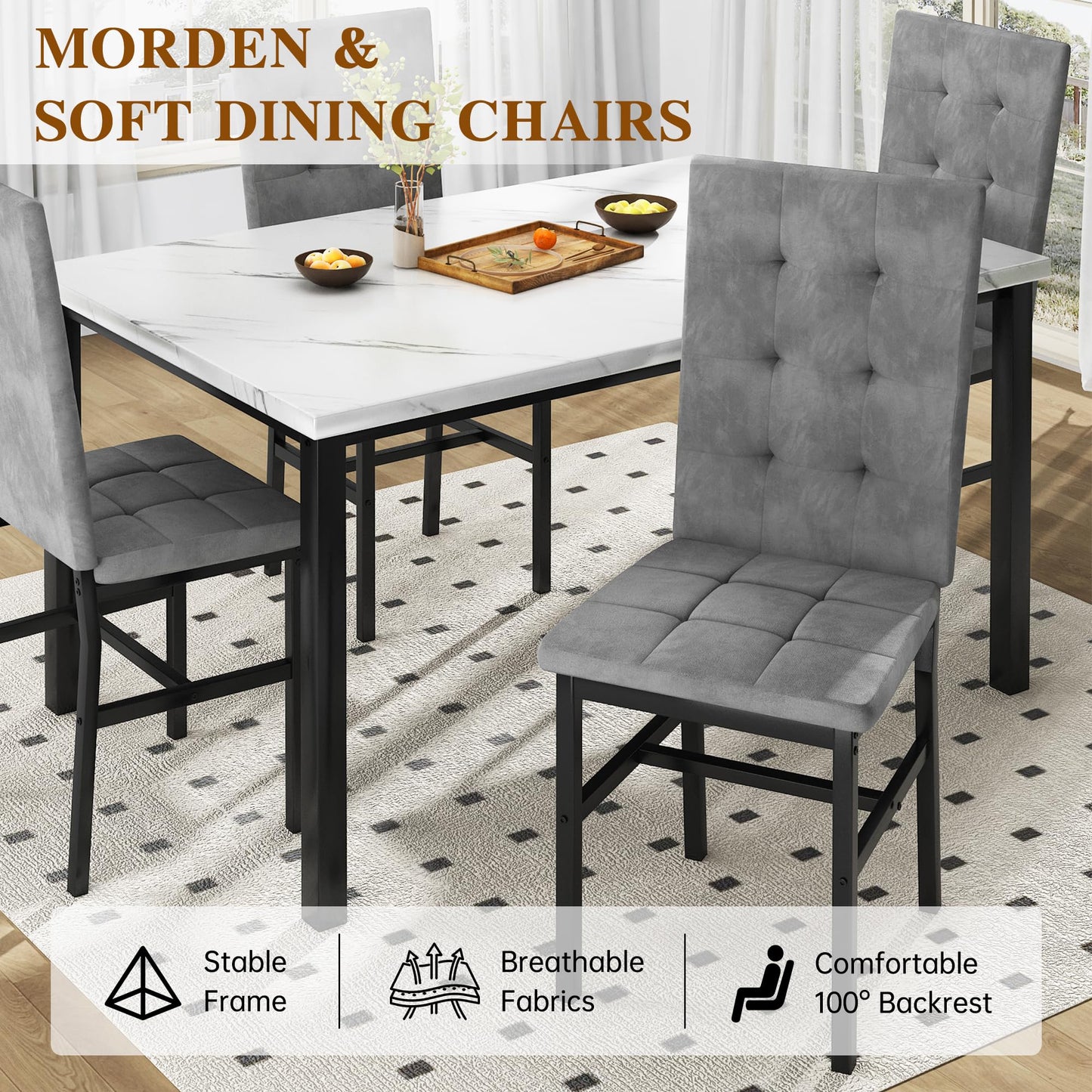 Hooseng Dining Room Table Set 5 Piece Dining Table Set Marble Dining Table 4 Chair Dining Table Set for Kitchen Living Room Breakfast Small Spaces (Grey)