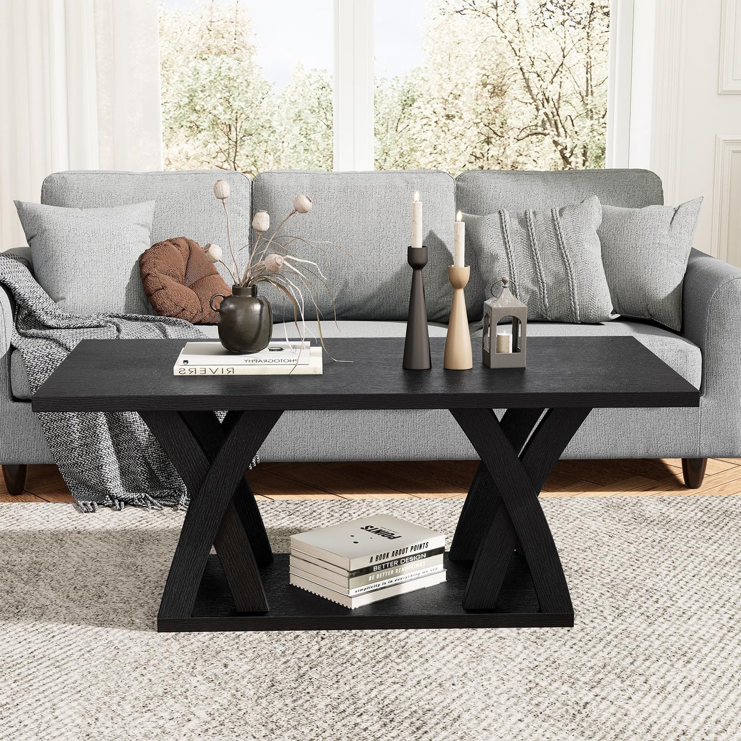 FROMJBEST Farmhouse Coffee Table with Shelf, Mordern CoffeeTable, Black Coffee Table Living Room, Living Room Tables,47” Black with Grey