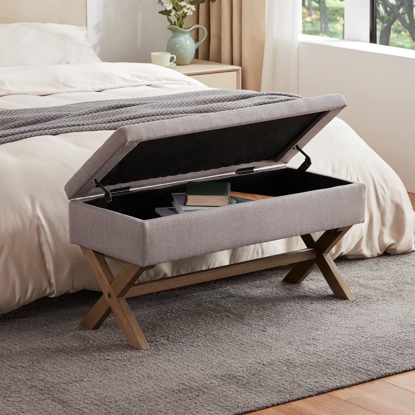 HUIMO 36-inch Entryway Bench with Storage,Dinning Benches Seat with X-Shaped Legs for Kitchen,Upholstered End of Bed Bench for Living Room, Bedroom.Storage Ottoman with Safety Hinge,Grey