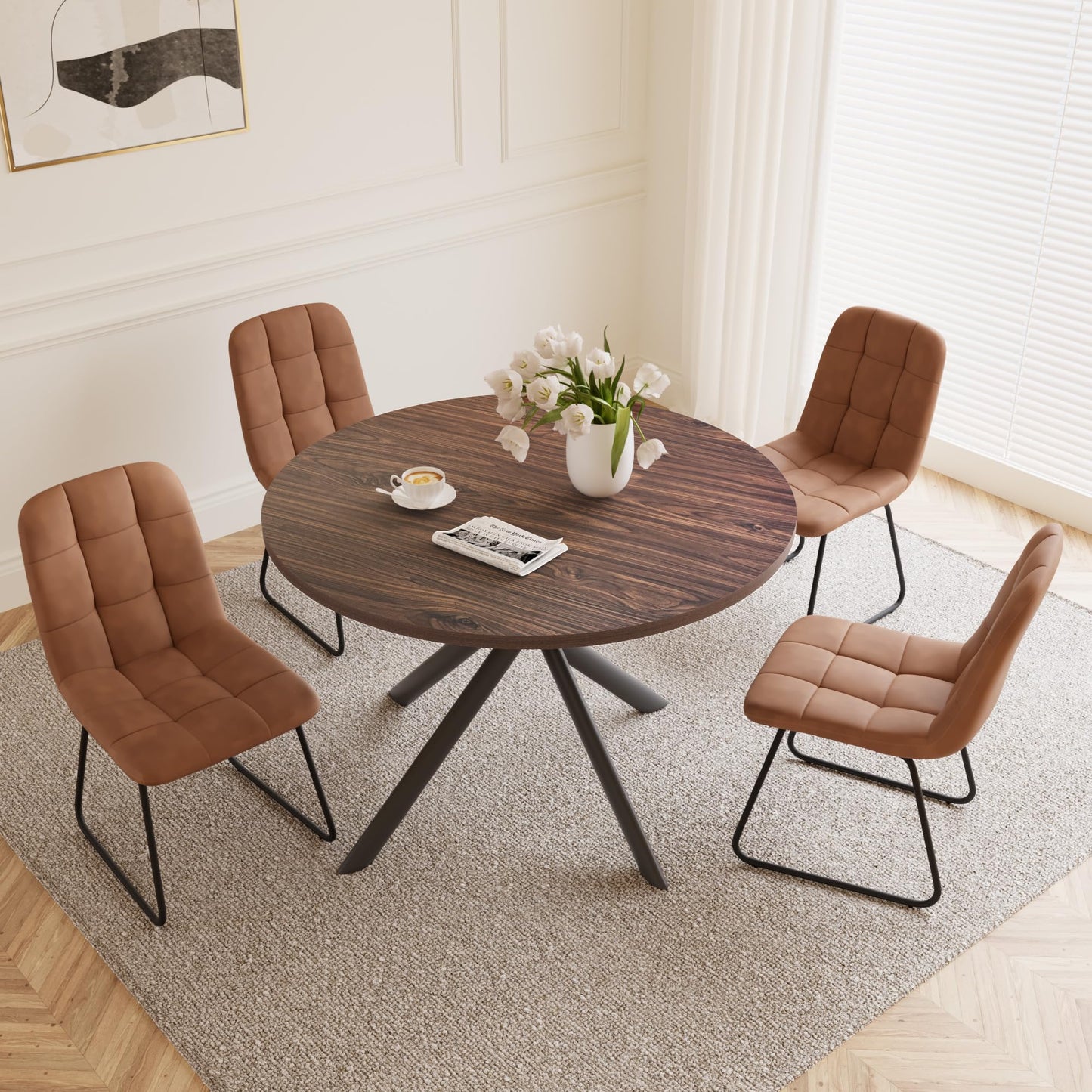 HIPIHOM 45.3 Inch Round Dining Table Set for 4, Mid Century Modern Small Coffee Set for Dining Room Kitchen Apartment (Walnut Table + 4 U-Shaped Brown Chairs)