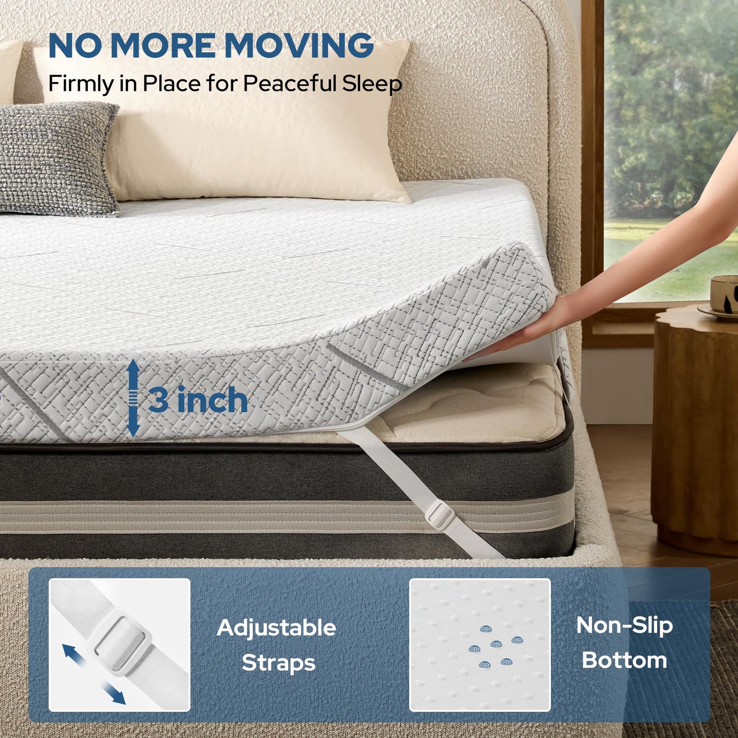 BEDLORE Queen Mattress Topper, 3 Inch Gel Memory Foam Mattress Pad with Straps for Back Pain Relief, Breathable & Non-Slip with Removable Washable Cover