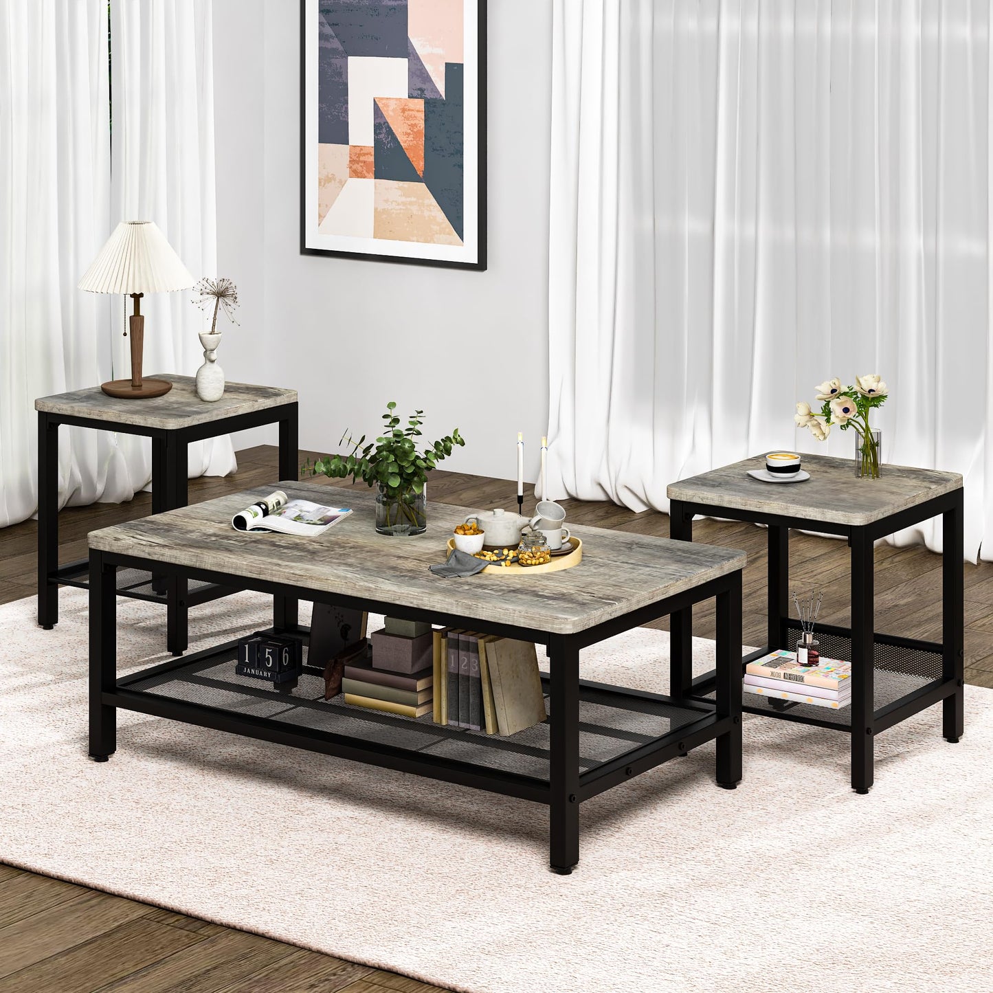 Lamerge 3 Pieces Living Room Table Set, Industrial Coffee Table with 2 Square End Side Tables, Coffee Table Set with Metal Frame for Apartment Home Office (Grey)