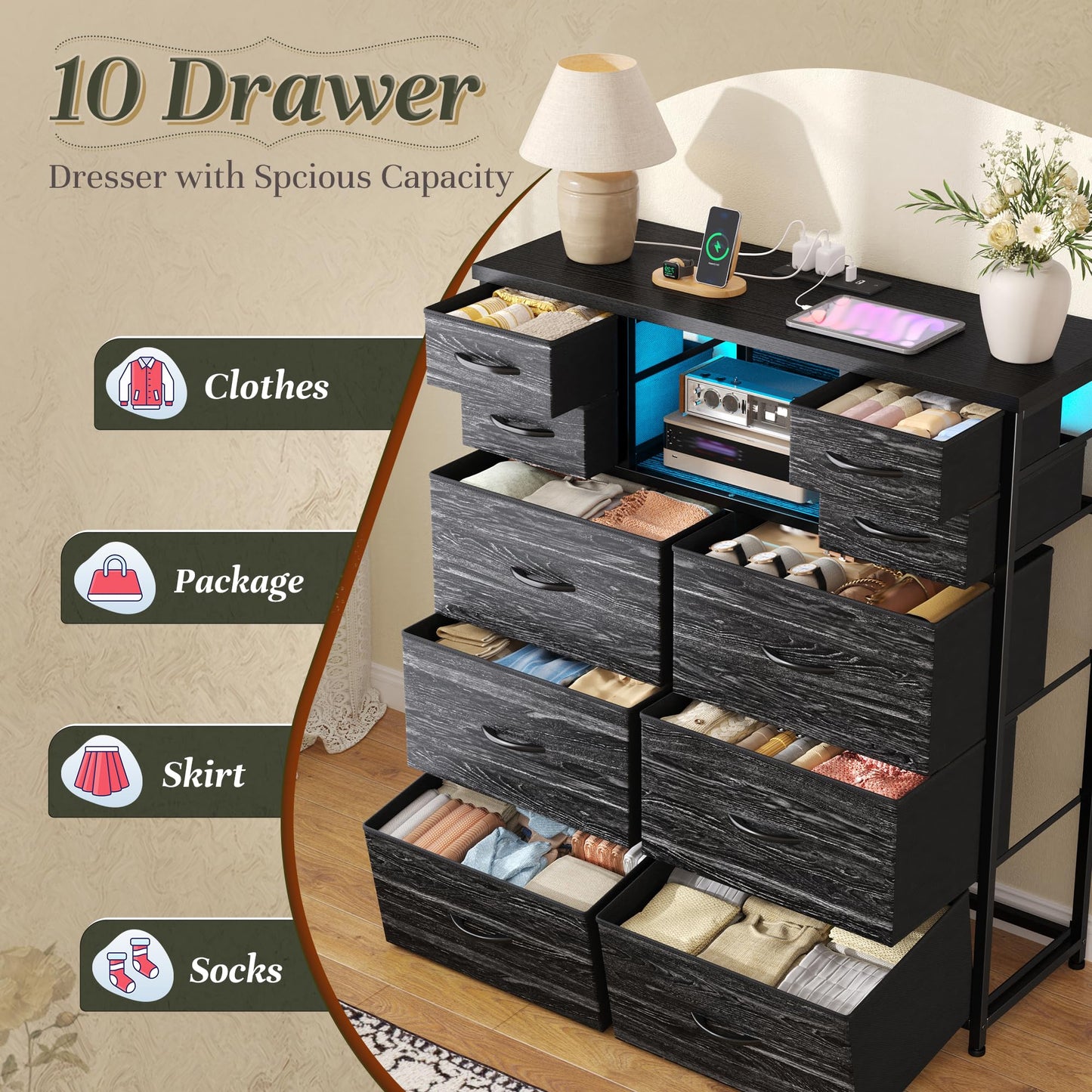 DurayLoly Dresser for Bedroom with Charging Station and LED and 10 Fabric Drawers, Sturdy Bedroom Dresser for Storage, Closet, Hallway (Black)