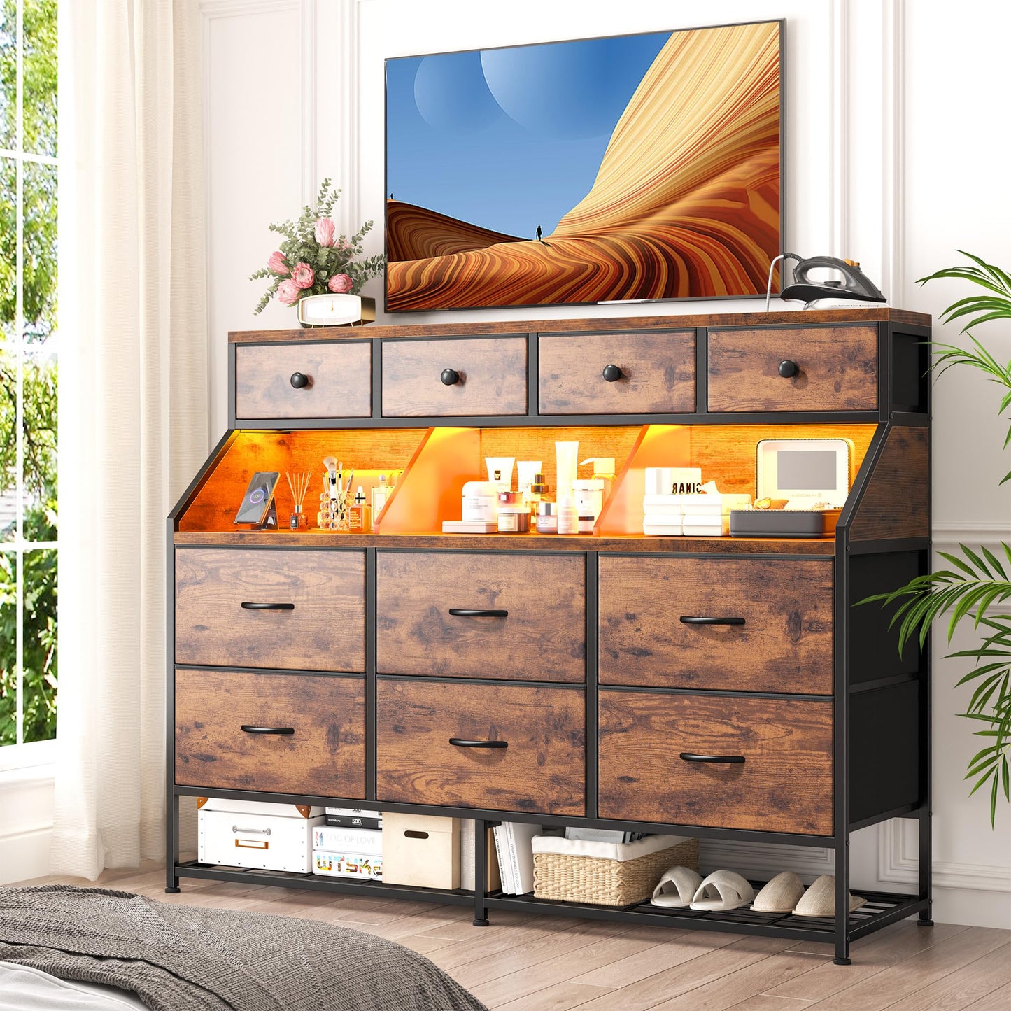 Dresser for Bedroom with 10 Drawers & Shoe Rack Fabric Dressers & Chests of Drawers with LED Lights and Power Outlets Bedroom Dresser for Entryway, Halfway, Closet (Rustic Brown)