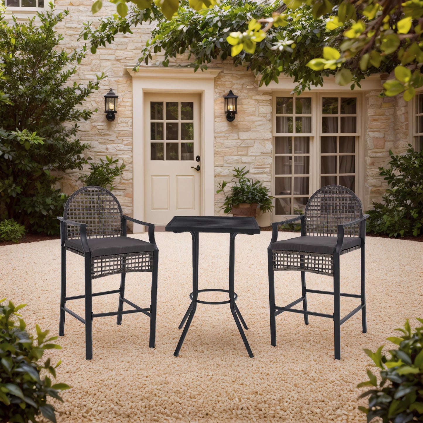 DAYARUS 3 Piece Outdoor Patio Bar Set, Modern Patio Furniture Set, 29.5" Wicker Bar Height Patio Bistro Set, Bar Height Patio Set with Cushions, Outdoor High Top Table and Chairs for Balcony, Gray