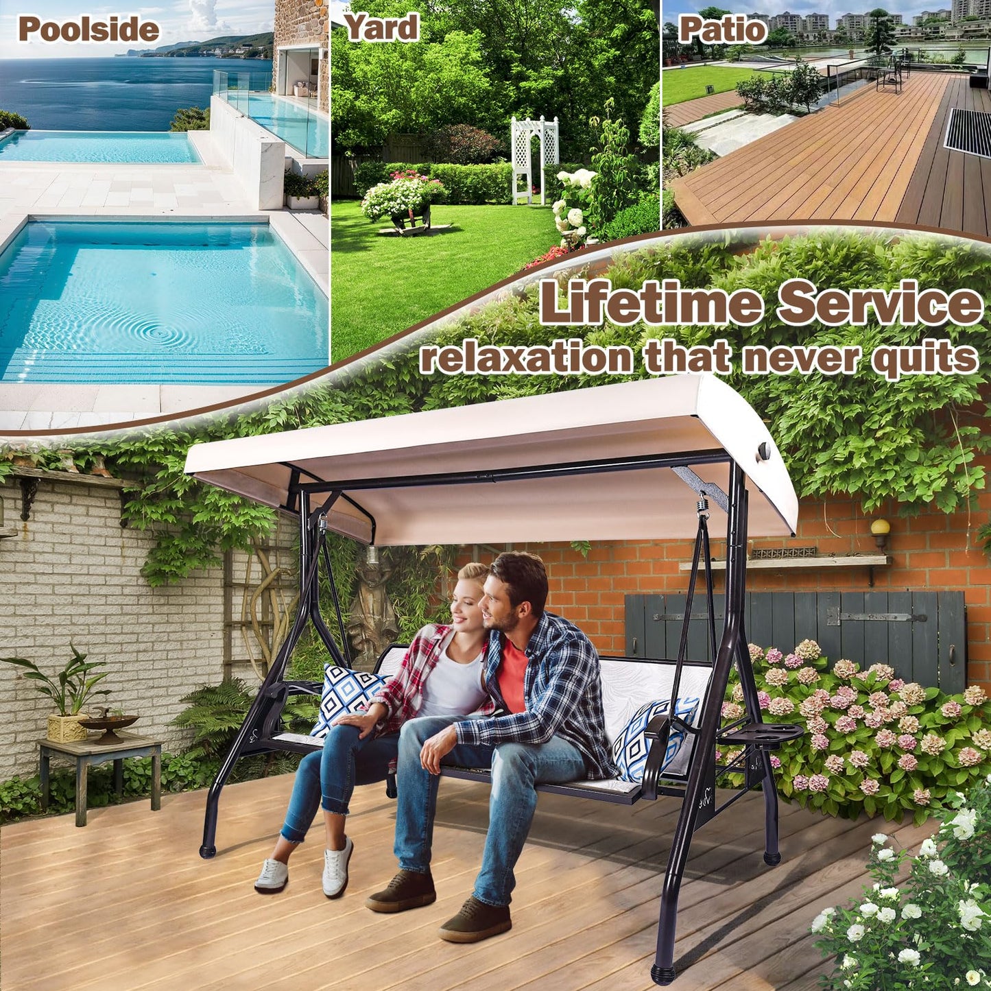 ZZW 3 Person Patio Swing Outdoor Swing for Adults with Adjustable Canopy &Upgraded Cup Holders Textilene Fabric Porch Swing Chair with Stand Heavy Duty 800 LBS