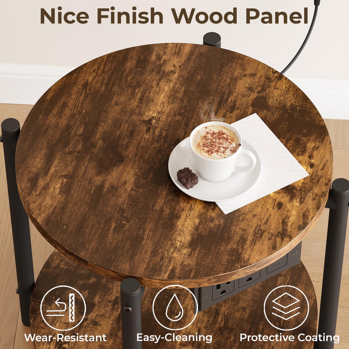 LIKIMIO Side Table with Charging Station, 2-Tier Round End Table with Lower Shelf, 15.8" W Modern Wooden Nightstand for Small Spaces, Living Room, Bedroom, Rustic Brown