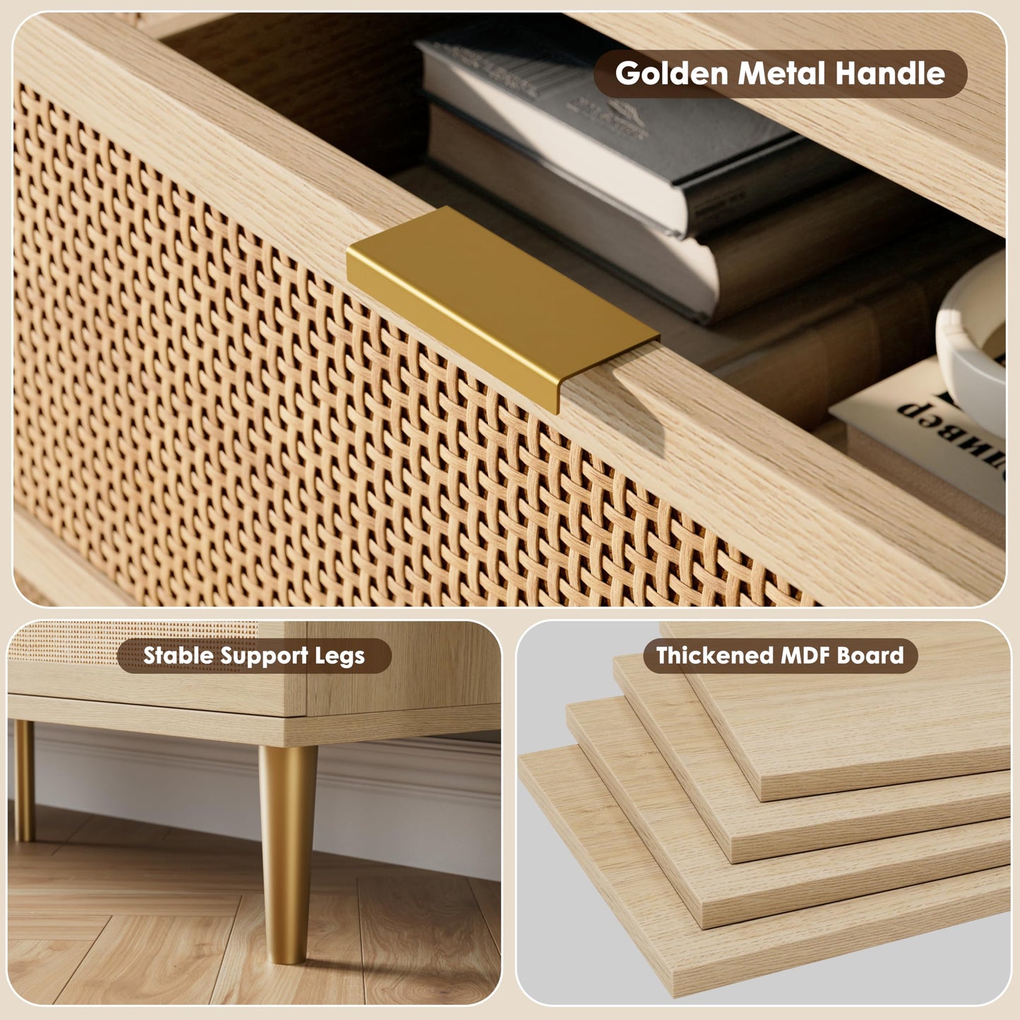 Rattan 6 Drawer Dresser for Bedroom, Large Double Dresser with Deep Drawers, Wooden Chest of Drawers for Closet with Wide Top, for Living Room, Hallway, Kids Room, Natural