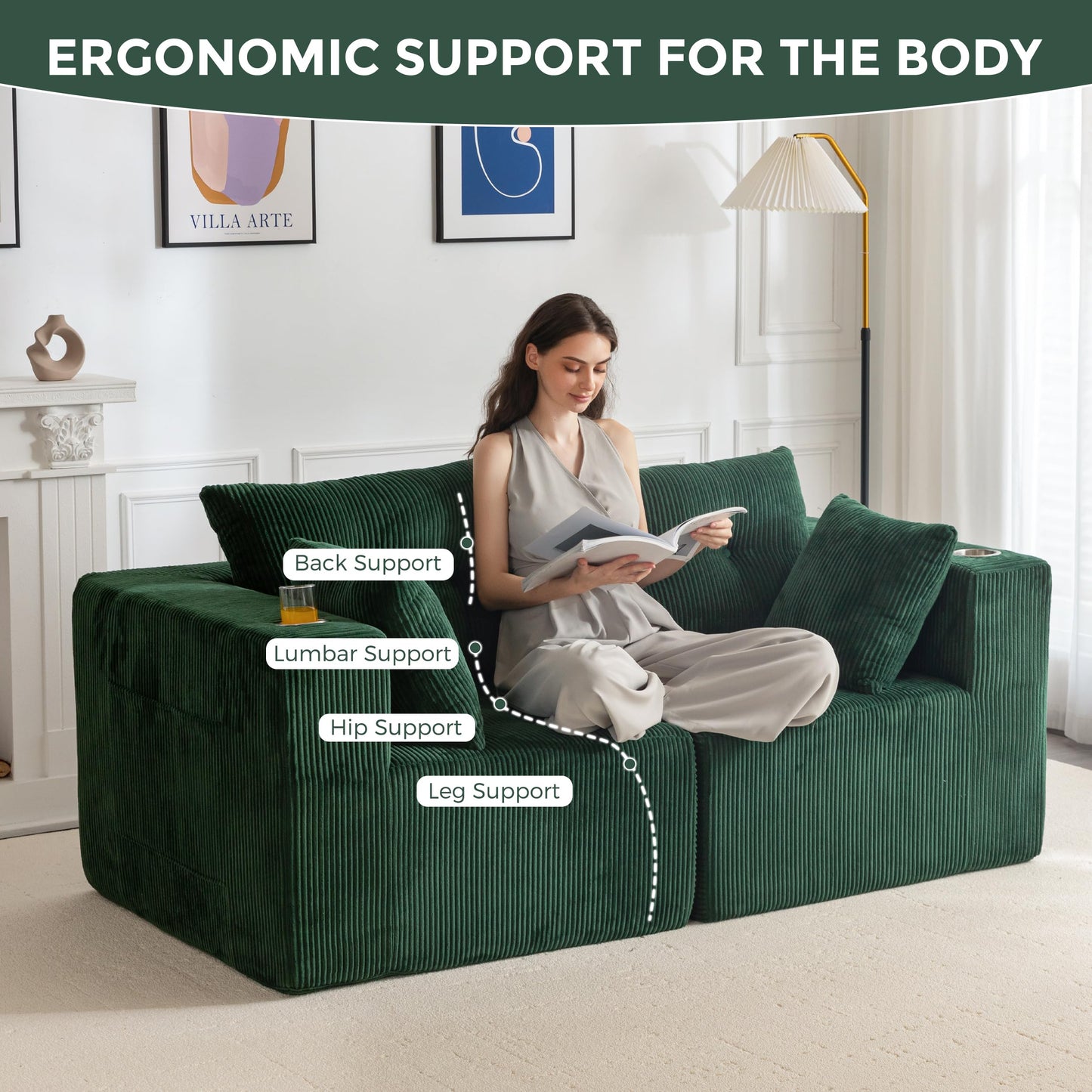 MAXYOYO Modular Sectional Sofa Couch, Loveseat Boneless Cloud Couch for Living Room, Sofa in A Box, Upholstered Cozy Chair with Tufted Craft, No Assembly Required, Green