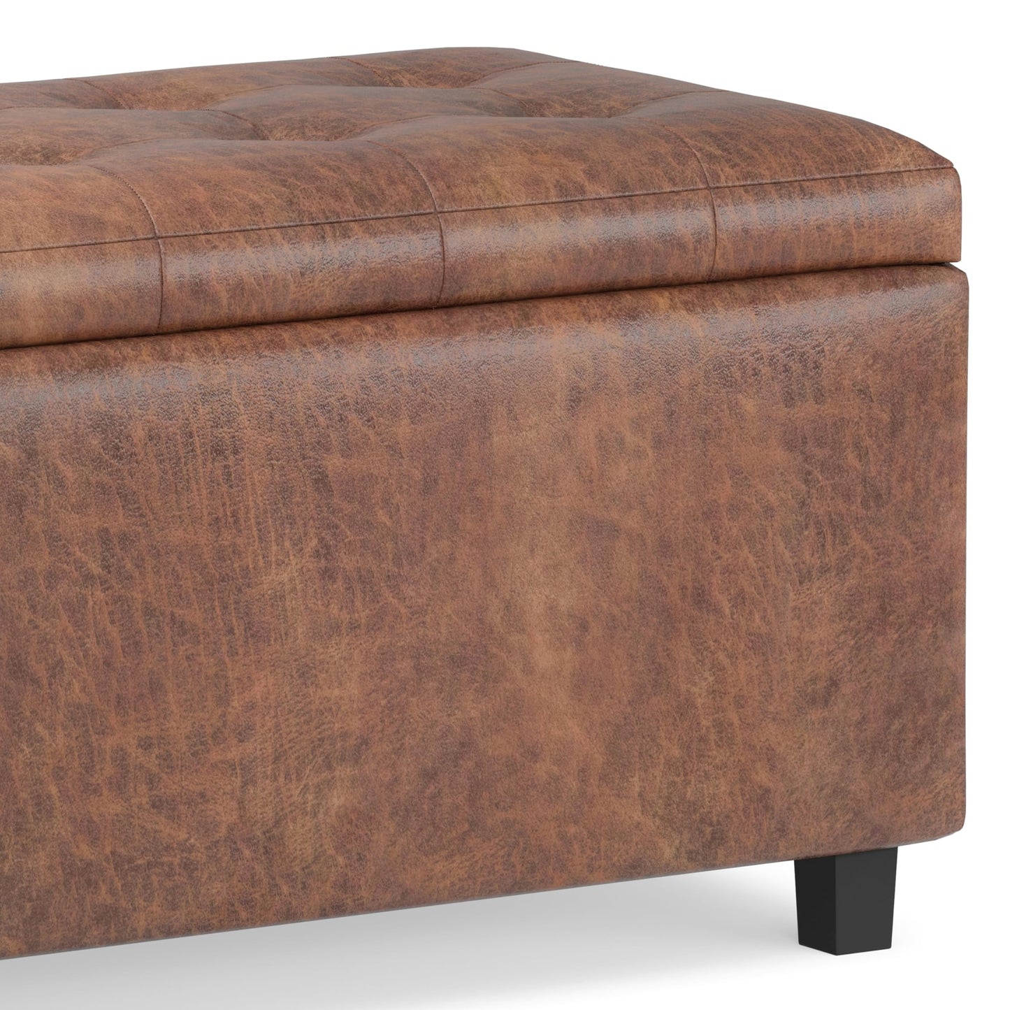 SIMPLIHOME Cosmopolitan 34 inch Wide Transitional Rectangle Storage Ottoman in Distressed Saddle Brown Vegan Faux Leather, Assembled, For the Living Room, Entryway and Family Room
