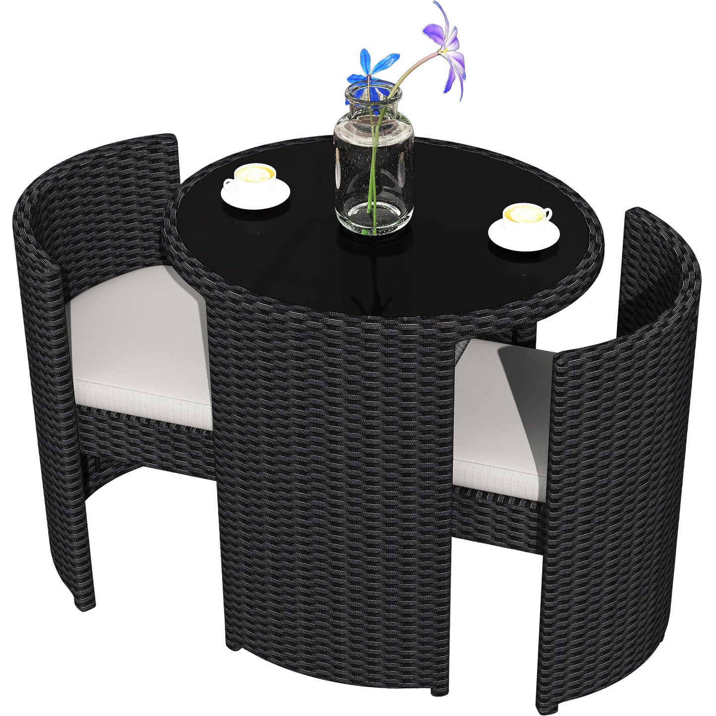 TWT 3 Pieces Fully Assembled Aluminum Outdoor Patio Bistro Set All-Weather Wicker Patio Furniture with Tempered Glass Table & Patio Chairs for Poolside Porch Deck Apartment Black
