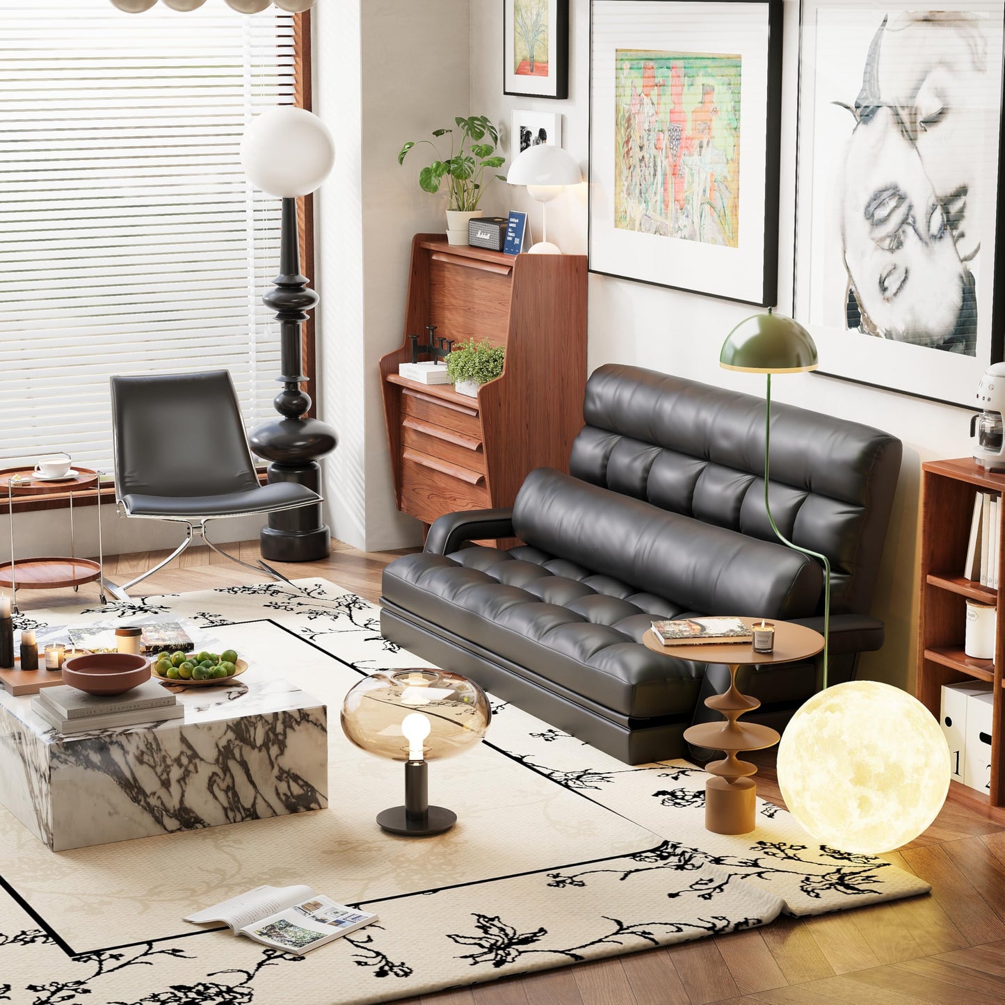 STHOUYN 6-Position Floor Couch Convertible Sleeper Sofa with USB, Black Leather Love Seat Sleeper Bed Small Space, Lounge Folding Sofa Bed with Pillow, Comfy Couch for Bedroom Living Room (Black)