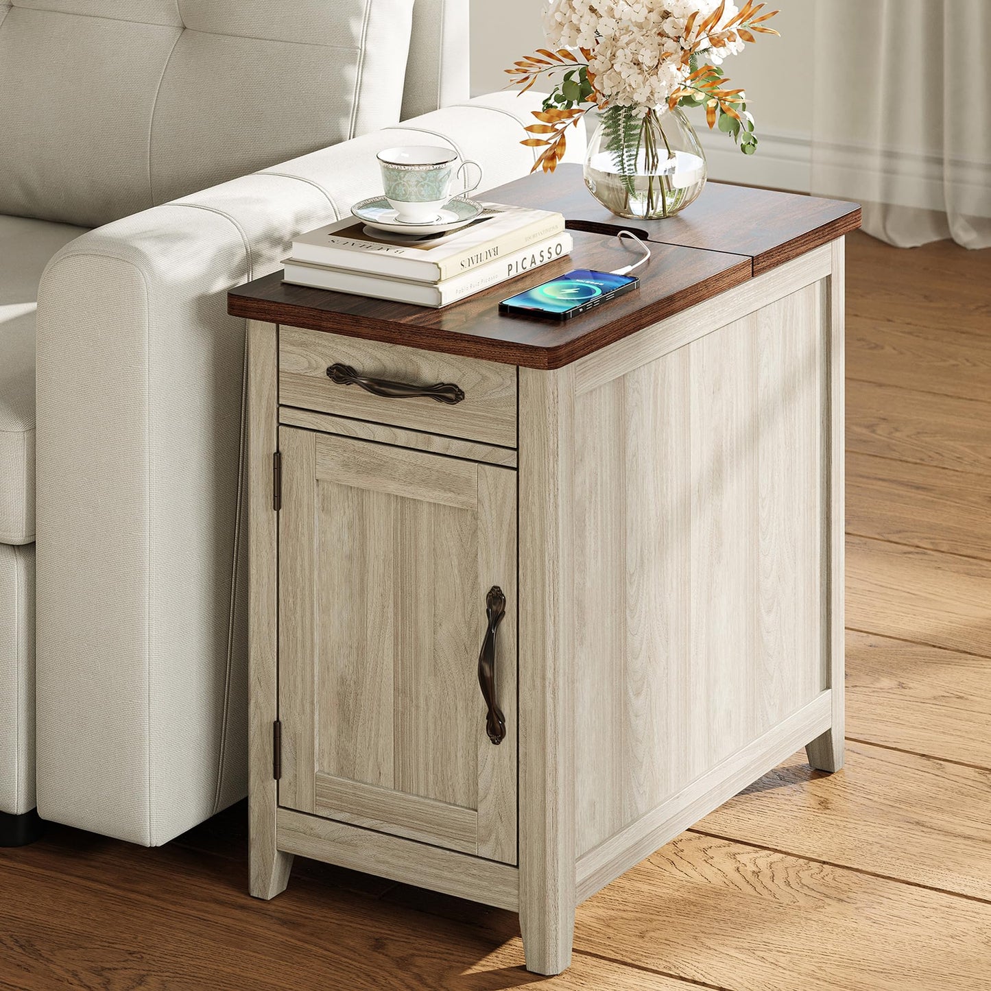 LINSY HOME Farmhouse End Table with Charging Station, Narrow Side Table for Living Room, Sofa Side Table with Drawer and Storage Cabinet, Small Nightstand for Home Office